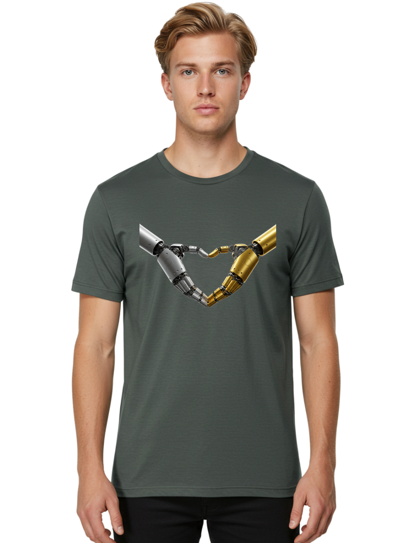 Robotic-Hands Men'S Graphic Tee, 100% Cotton, Comfortable Casual Summer Wear, Machine Washable, Robotic Arms, Mechanical Hands, Artificial Intelligence, Robotic Love, Futuristic Technology, Robotic Connection, Heart Shape Bae080
