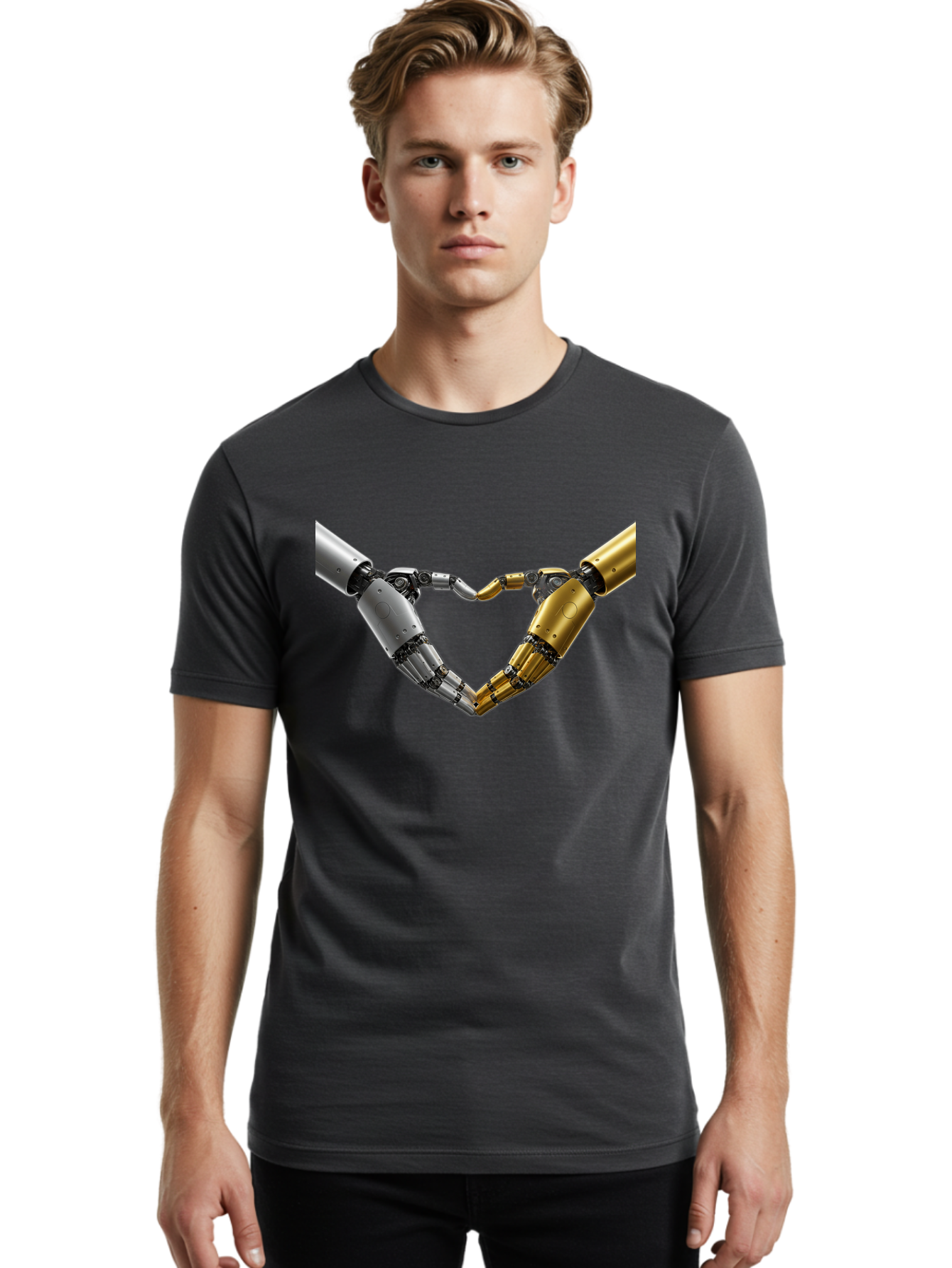 Robotic-Hands Men'S Graphic Tee, 100% Cotton, Comfortable Casual Summer Wear, Machine Washable, Robotic Arms, Mechanical Hands, Artificial Intelligence, Robotic Love, Futuristic Technology, Robotic Connection, Heart Shape Bae080