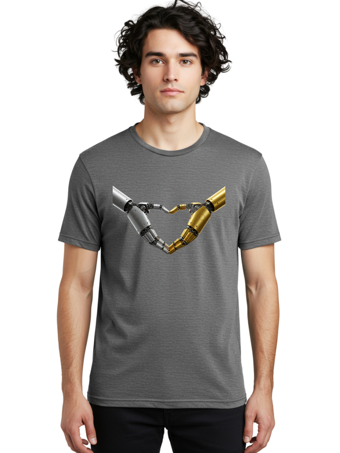 Robotic-Hands Men'S Graphic Tee, 100% Cotton, Comfortable Casual Summer Wear, Machine Washable, Robotic Arms, Mechanical Hands, Artificial Intelligence, Robotic Love, Futuristic Technology, Robotic Connection, Heart Shape Bae080