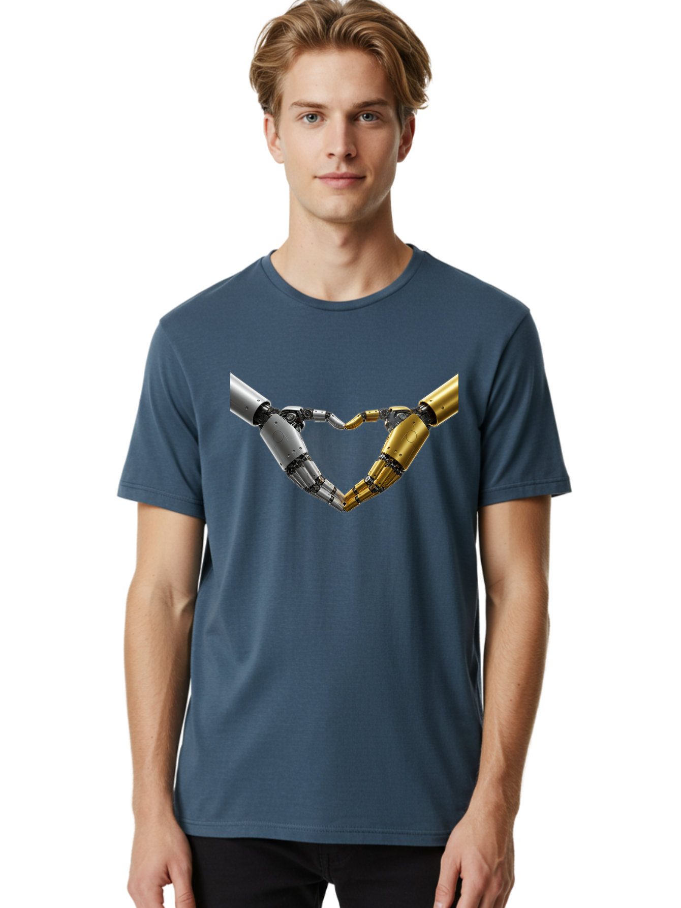 Robotic-Hands Men'S Graphic Tee, 100% Cotton, Comfortable Casual Summer Wear, Machine Washable, Robotic Arms, Mechanical Hands, Artificial Intelligence, Robotic Love, Futuristic Technology, Robotic Connection, Heart Shape Bae080