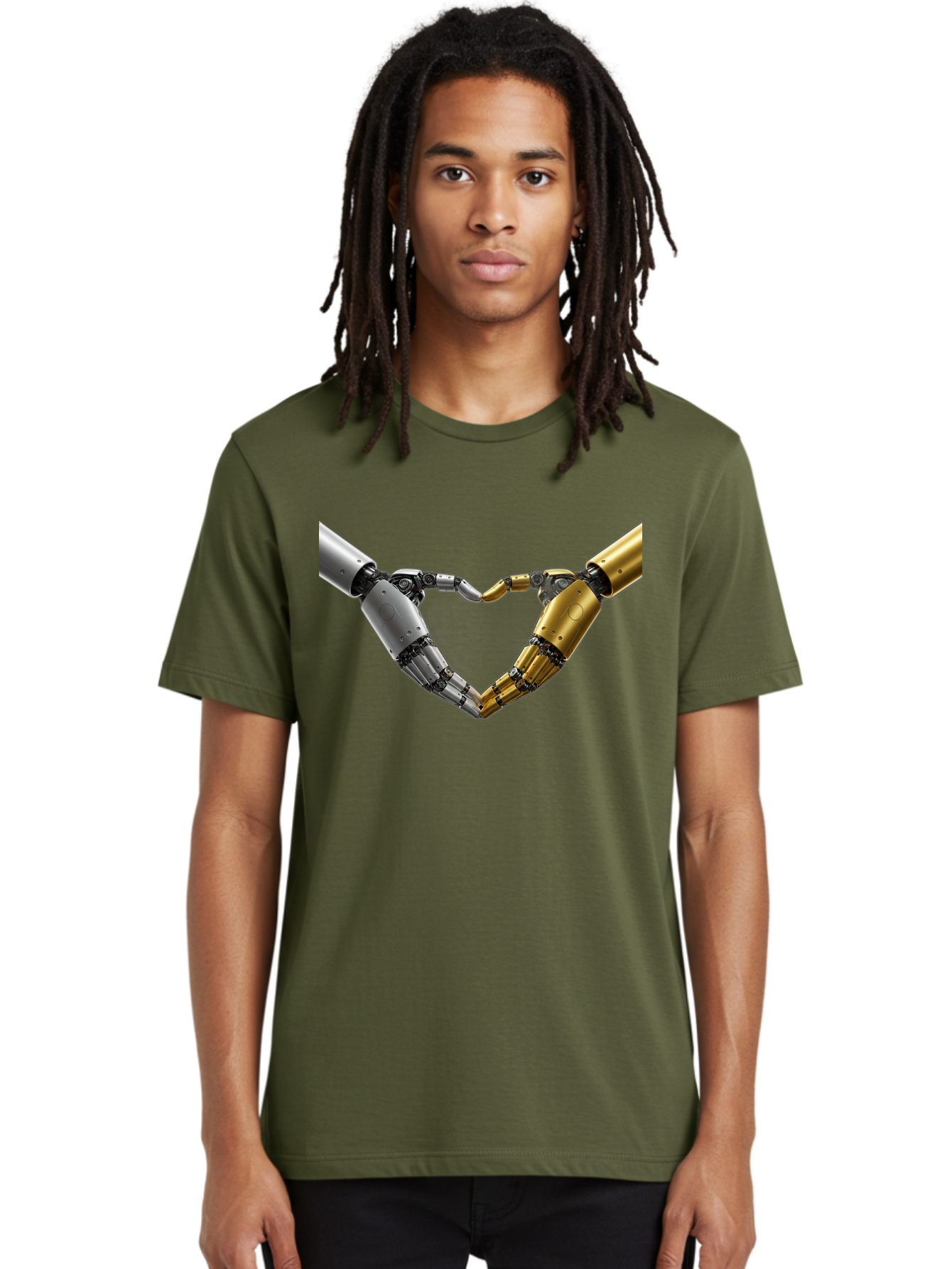 Robotic-Hands Men'S Graphic Tee, 100% Cotton, Comfortable Casual Summer Wear, Machine Washable, Robotic Arms, Mechanical Hands, Artificial Intelligence, Robotic Love, Futuristic Technology, Robotic Connection, Heart Shape Bae080