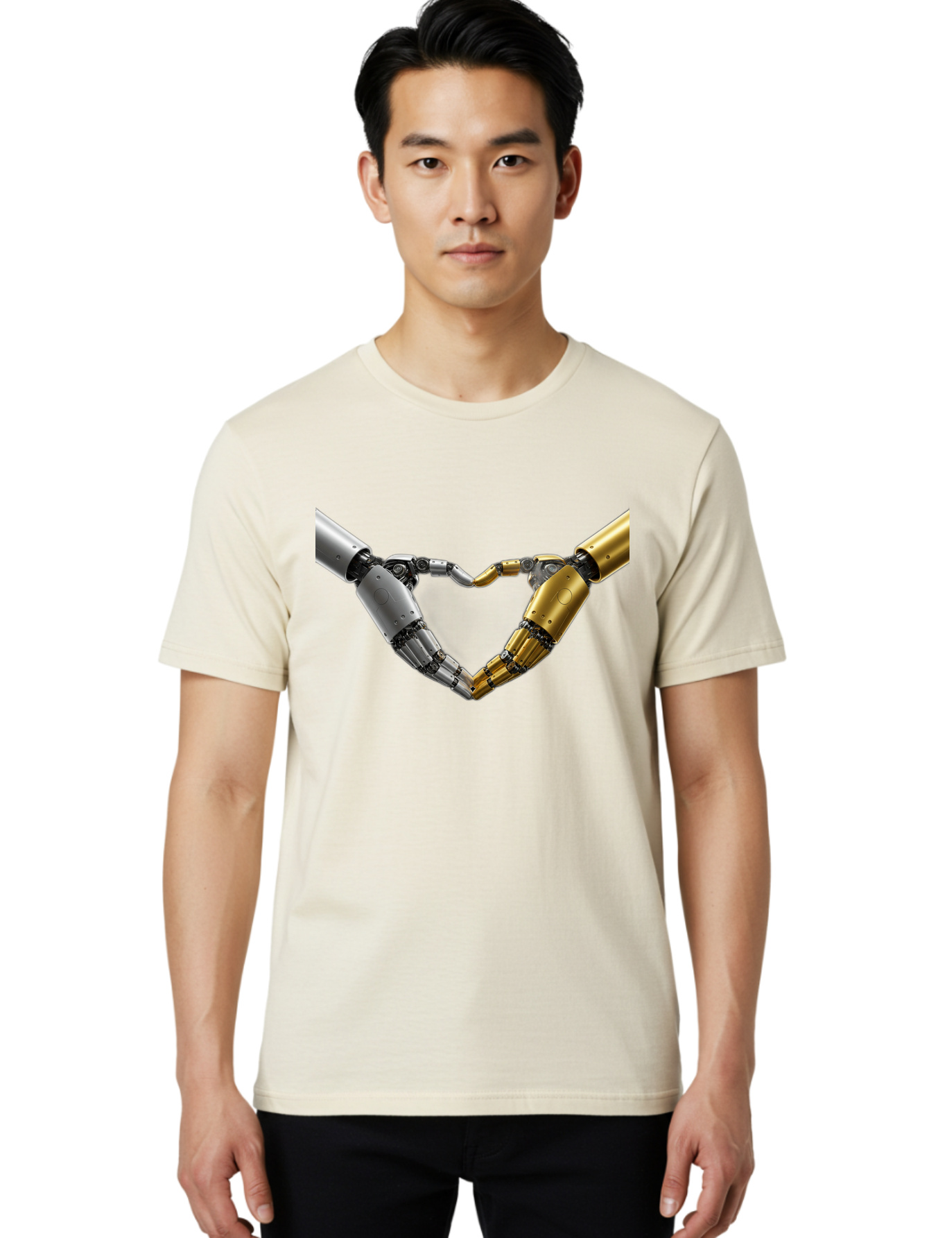 Robotic-Hands Men'S Graphic Tee, 100% Cotton, Comfortable Casual Summer Wear, Machine Washable, Robotic Arms, Mechanical Hands, Artificial Intelligence, Robotic Love, Futuristic Technology, Robotic Connection, Heart Shape Bae080