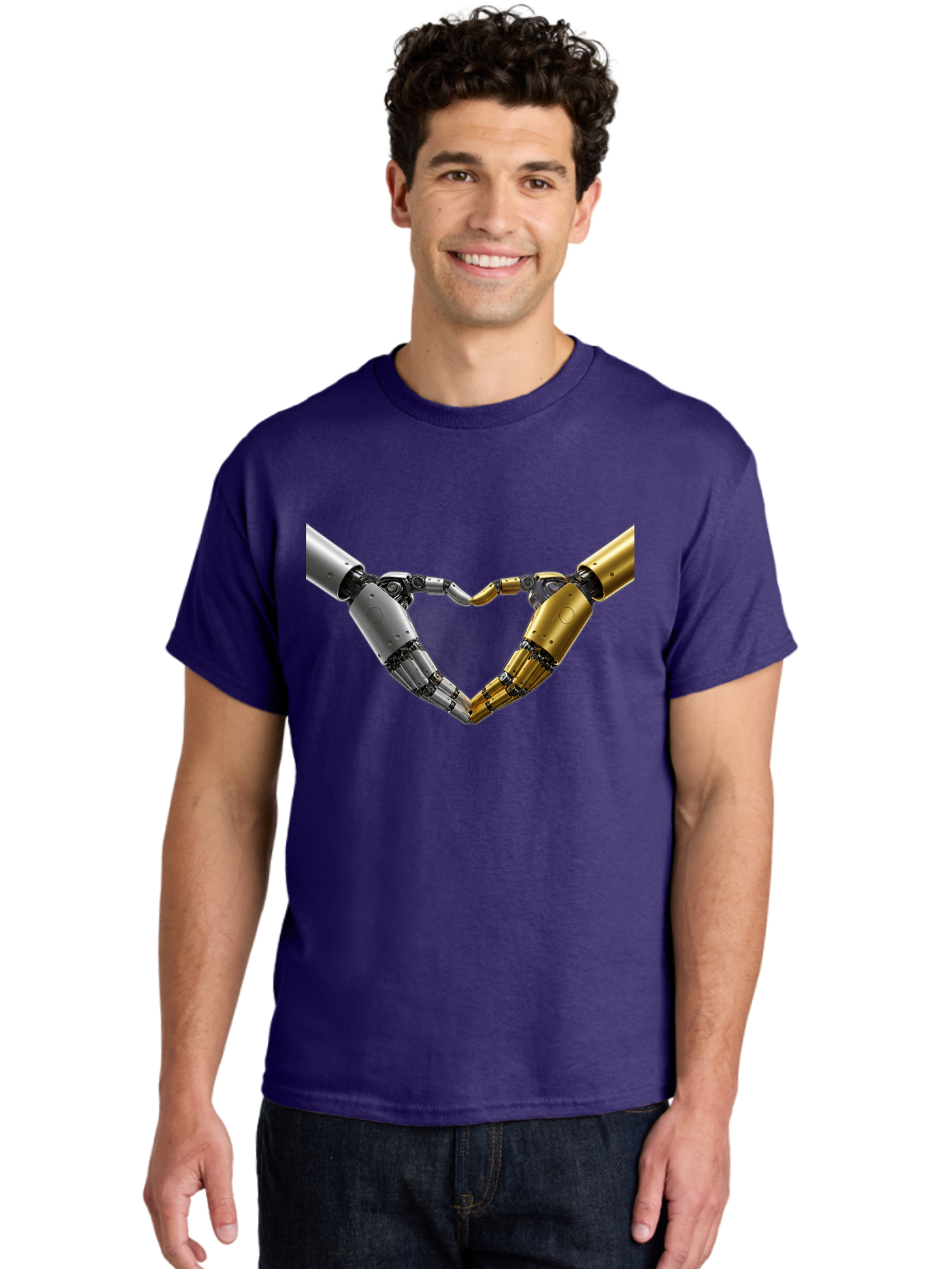 Robotic-Hands Men'S Graphic Tee, 100% Cotton, Comfortable Casual Summer Wear, Machine Washable, Robotic Arms, Mechanical Hands, Artificial Intelligence, Robotic Love, Futuristic Technology, Robotic Connection, Heart Shape Bae080