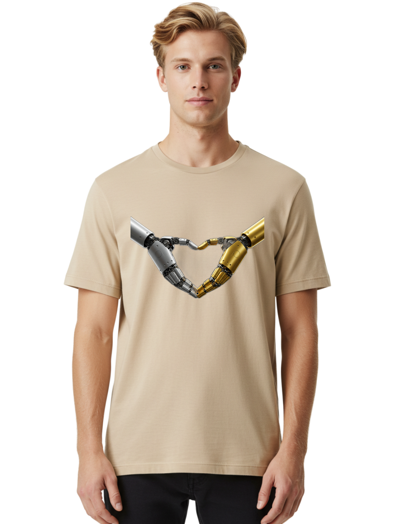 Robotic-Hands Men'S Graphic Tee, 100% Cotton, Comfortable Casual Summer Wear, Machine Washable, Robotic Arms, Mechanical Hands, Artificial Intelligence, Robotic Love, Futuristic Technology, Robotic Connection, Heart Shape Bae080