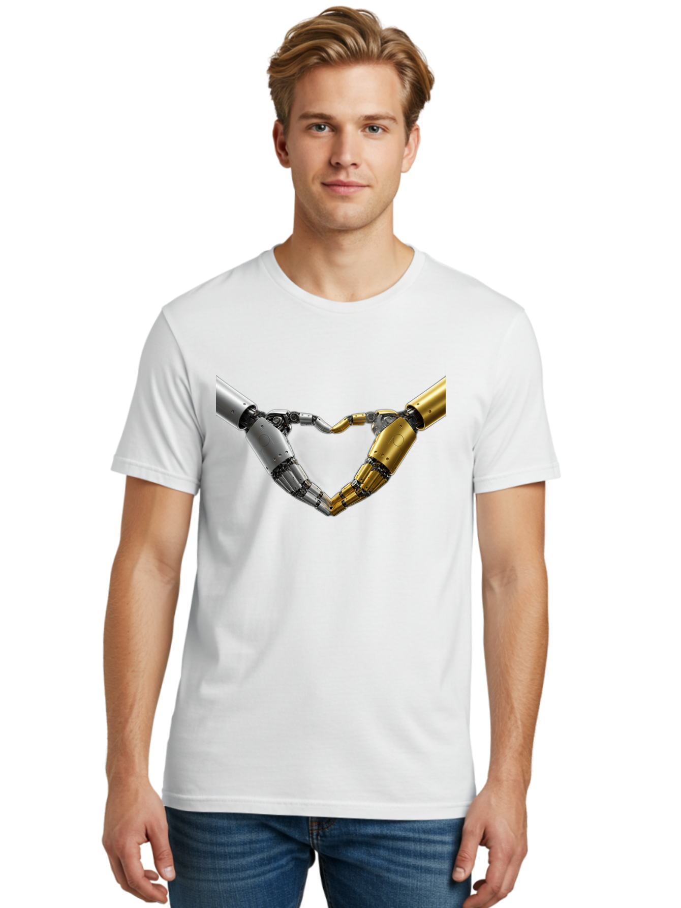 Robotic-Hands Men'S Graphic Tee, 100% Cotton, Comfortable Casual Summer Wear, Machine Washable, Robotic Arms, Mechanical Hands, Artificial Intelligence, Robotic Love, Futuristic Technology, Robotic Connection, Heart Shape Bae080