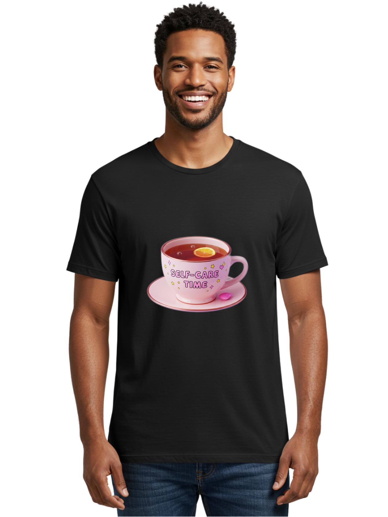 Self-Care-Time-2 Men'S Graphic Tee, 100% Cotton, Comfortable Casual Summer Wear, Machine Washable, Self-Care, Tea Time, Wellness, Relaxation, Pink Tea Cup, Lemon Slice, Colorful Stars, Stress Relief, Calming Tea, Mindfulness, Pink Candy Bae083