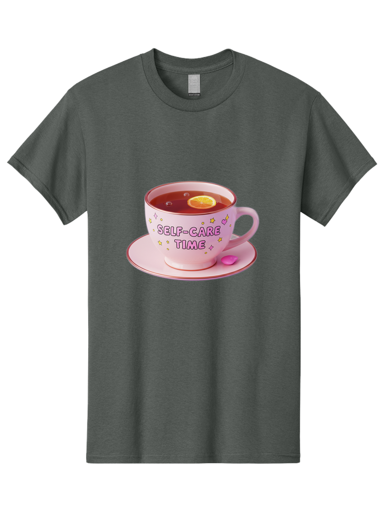 Self-Care-Time-2 Men'S Graphic Tee, 100% Cotton, Comfortable Casual Summer Wear, Machine Washable, Self-Care, Tea Time, Wellness, Relaxation, Pink Tea Cup, Lemon Slice, Colorful Stars, Stress Relief, Calming Tea, Mindfulness, Pink Candy Bae083