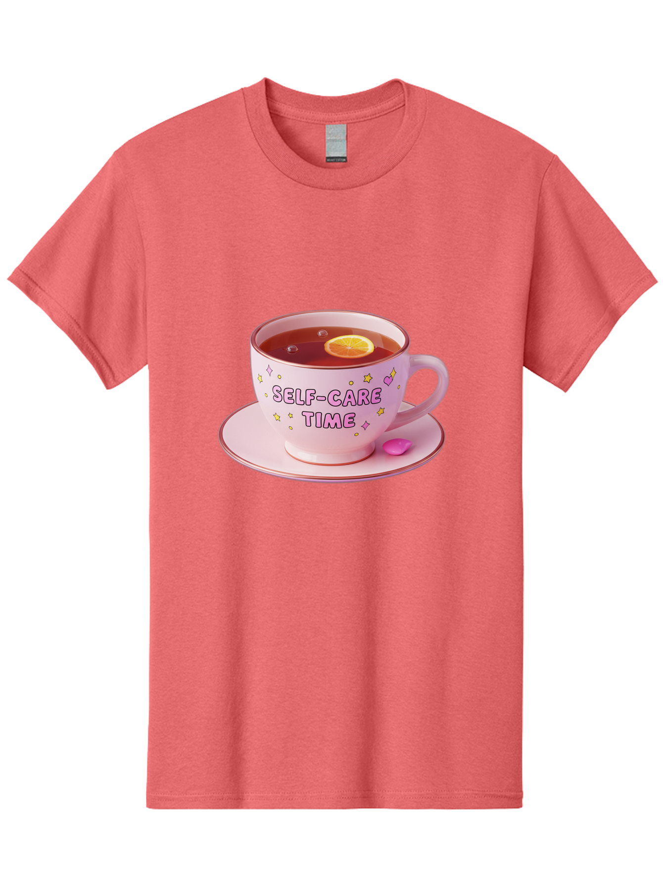 Self-Care-Time-2 Men'S Graphic Tee, 100% Cotton, Comfortable Casual Summer Wear, Machine Washable, Self-Care, Tea Time, Wellness, Relaxation, Pink Tea Cup, Lemon Slice, Colorful Stars, Stress Relief, Calming Tea, Mindfulness, Pink Candy Bae083