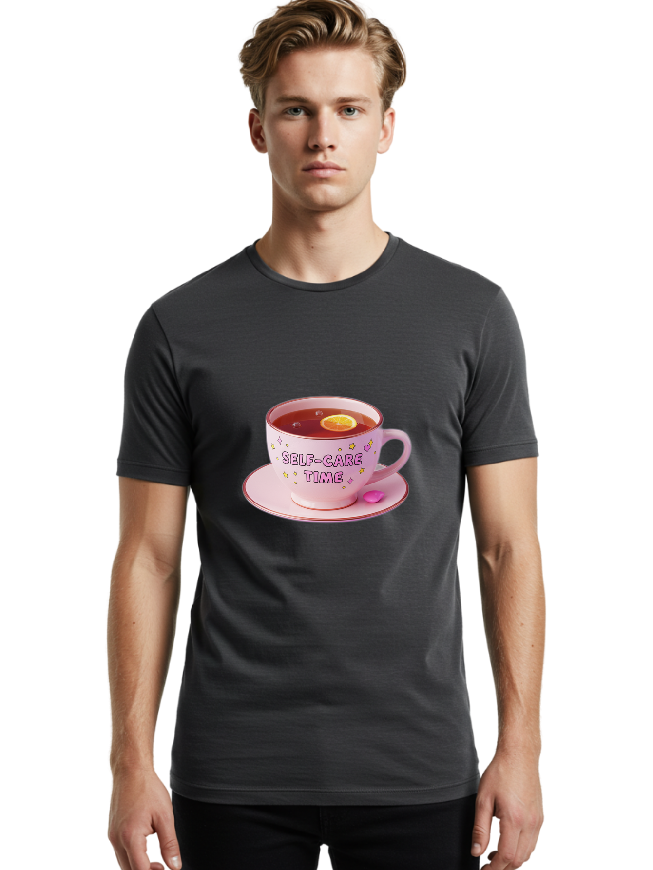 Self-Care-Time-2 Men'S Graphic Tee, 100% Cotton, Comfortable Casual Summer Wear, Machine Washable, Self-Care, Tea Time, Wellness, Relaxation, Pink Tea Cup, Lemon Slice, Colorful Stars, Stress Relief, Calming Tea, Mindfulness, Pink Candy Bae083