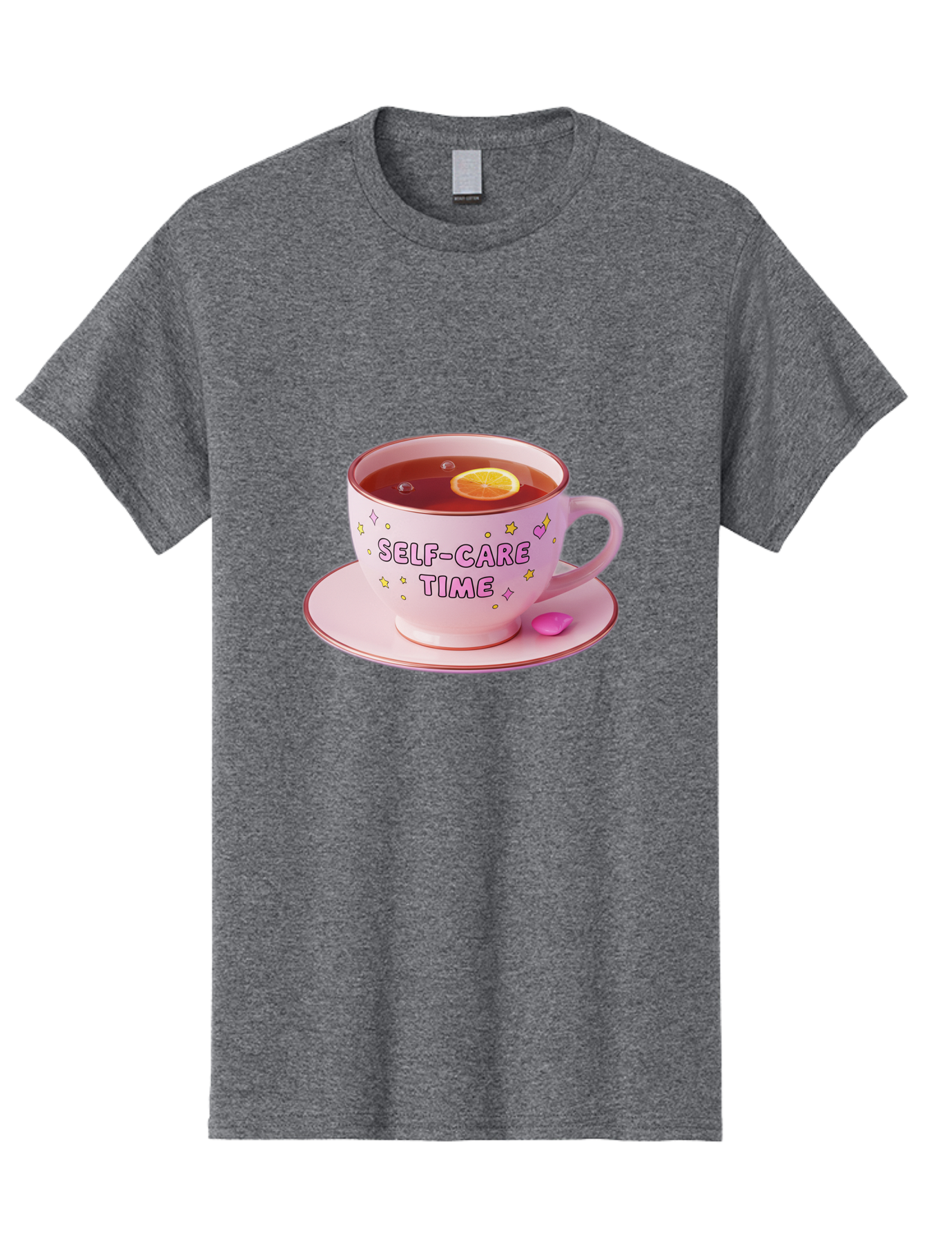 Self-Care-Time-2 Men'S Graphic Tee, 100% Cotton, Comfortable Casual Summer Wear, Machine Washable, Self-Care, Tea Time, Wellness, Relaxation, Pink Tea Cup, Lemon Slice, Colorful Stars, Stress Relief, Calming Tea, Mindfulness, Pink Candy Bae083