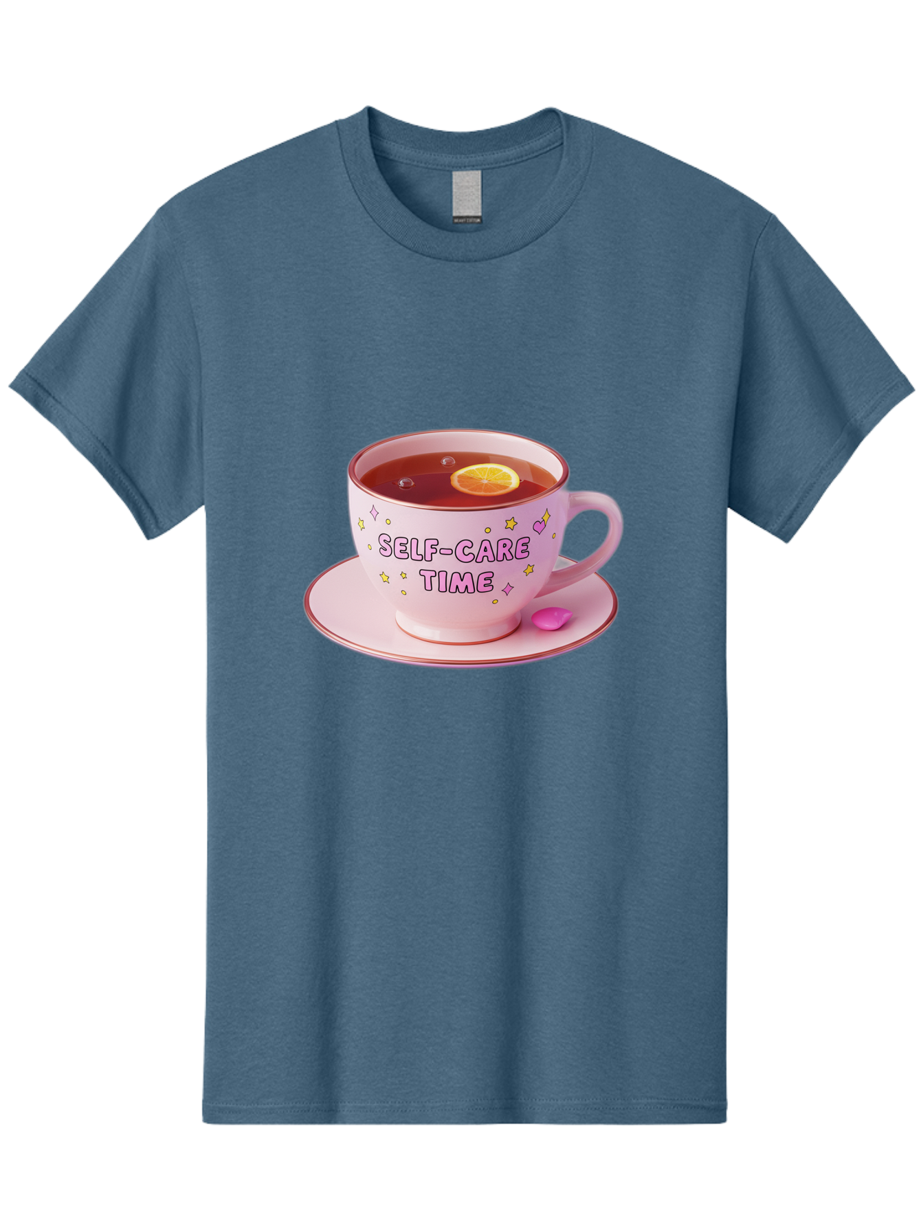 Self-Care-Time-2 Men'S Graphic Tee, 100% Cotton, Comfortable Casual Summer Wear, Machine Washable, Self-Care, Tea Time, Wellness, Relaxation, Pink Tea Cup, Lemon Slice, Colorful Stars, Stress Relief, Calming Tea, Mindfulness, Pink Candy Bae083