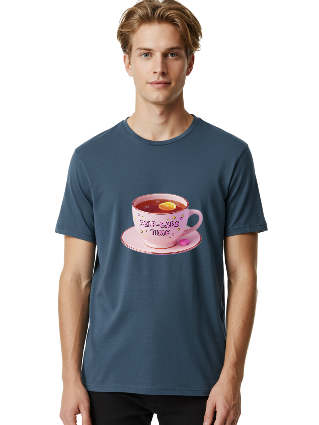 Self-Care-Time-2 Men'S Graphic Tee, 100% Cotton, Comfortable Casual Summer Wear, Machine Washable, Self-Care, Tea Time, Wellness, Relaxation, Pink Tea Cup, Lemon Slice, Colorful Stars, Stress Relief, Calming Tea, Mindfulness, Pink Candy Bae083