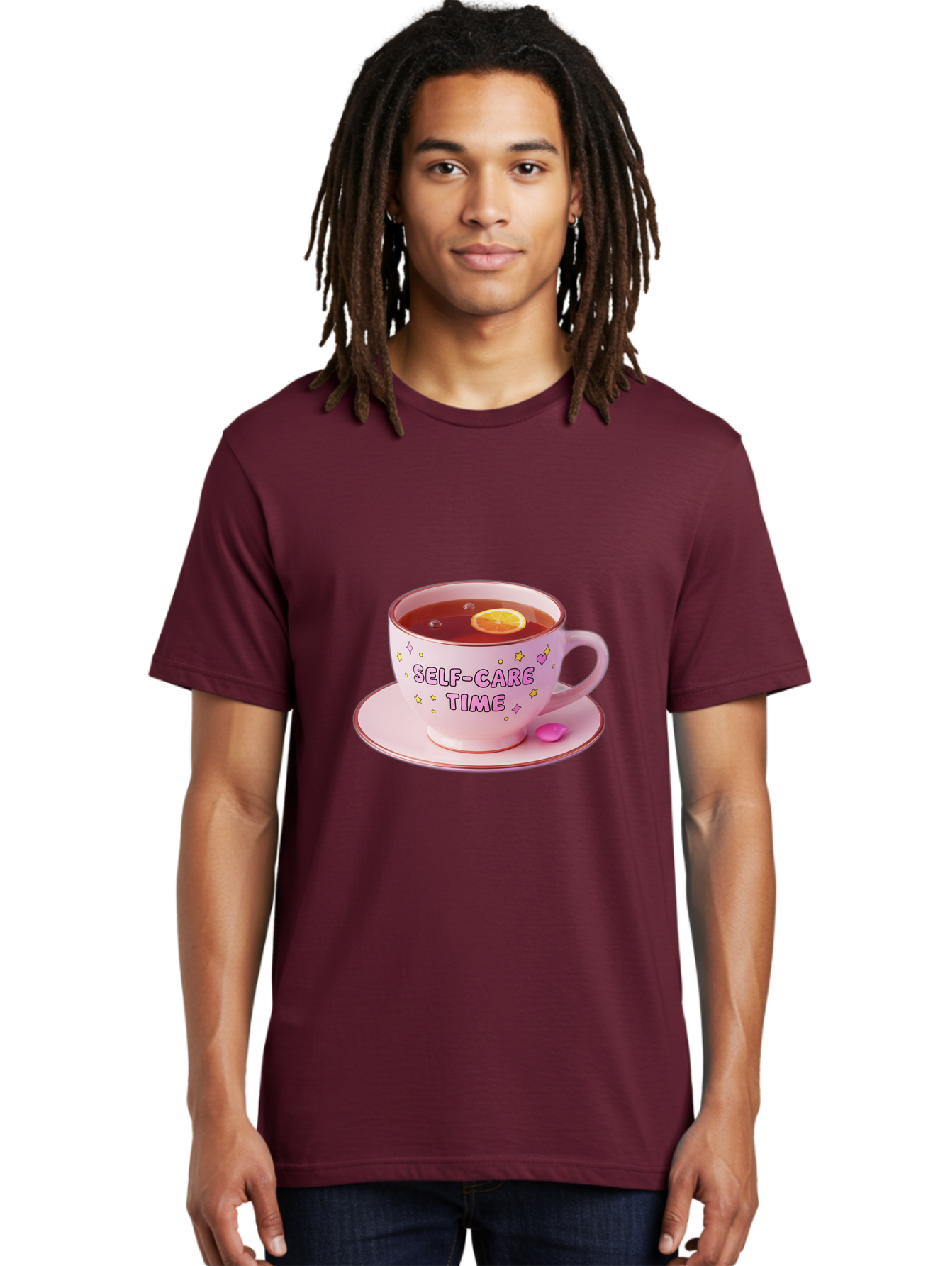 Self-Care-Time-2 Men'S Graphic Tee, 100% Cotton, Comfortable Casual Summer Wear, Machine Washable, Self-Care, Tea Time, Wellness, Relaxation, Pink Tea Cup, Lemon Slice, Colorful Stars, Stress Relief, Calming Tea, Mindfulness, Pink Candy Bae083