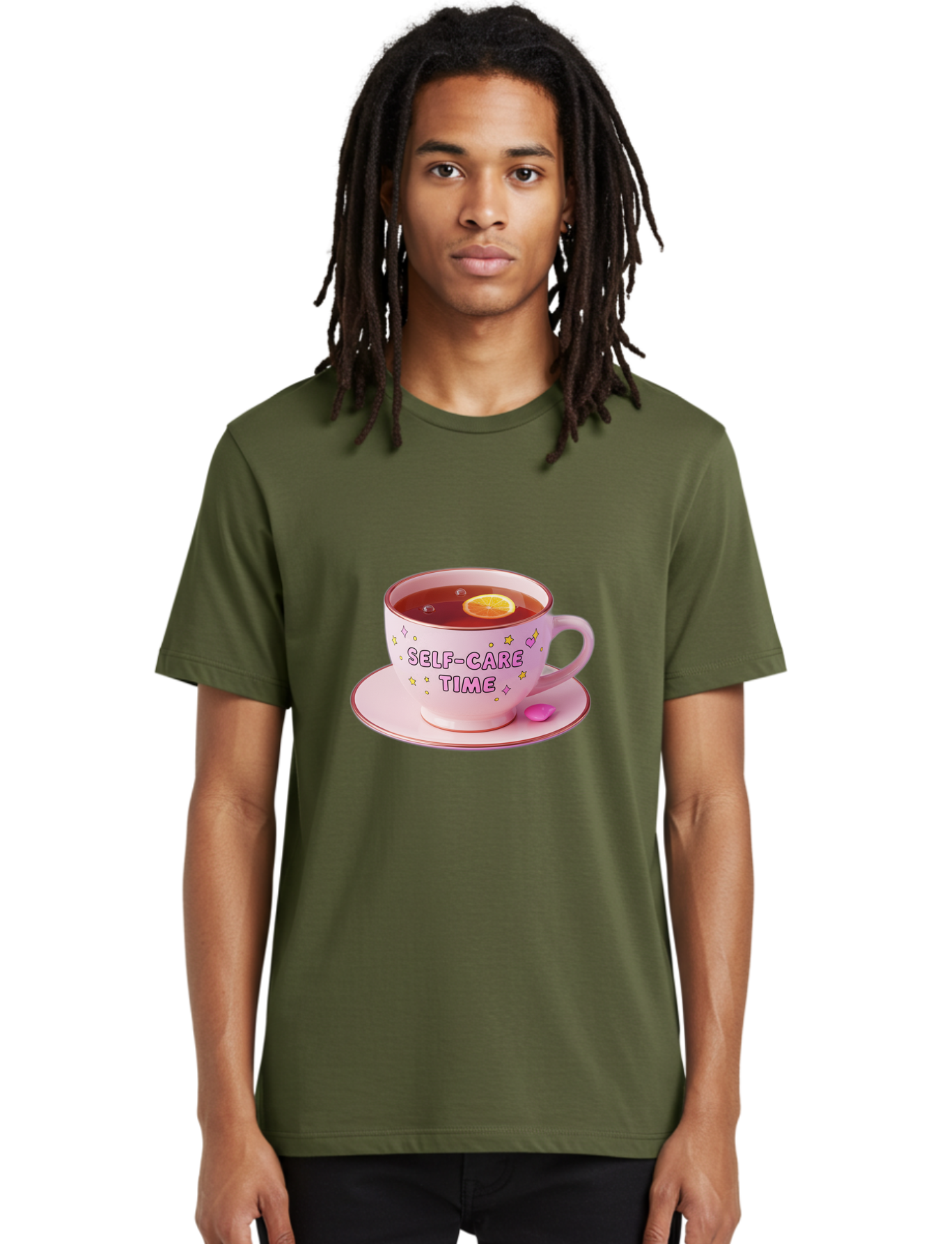 Self-Care-Time-2 Men'S Graphic Tee, 100% Cotton, Comfortable Casual Summer Wear, Machine Washable, Self-Care, Tea Time, Wellness, Relaxation, Pink Tea Cup, Lemon Slice, Colorful Stars, Stress Relief, Calming Tea, Mindfulness, Pink Candy Bae083