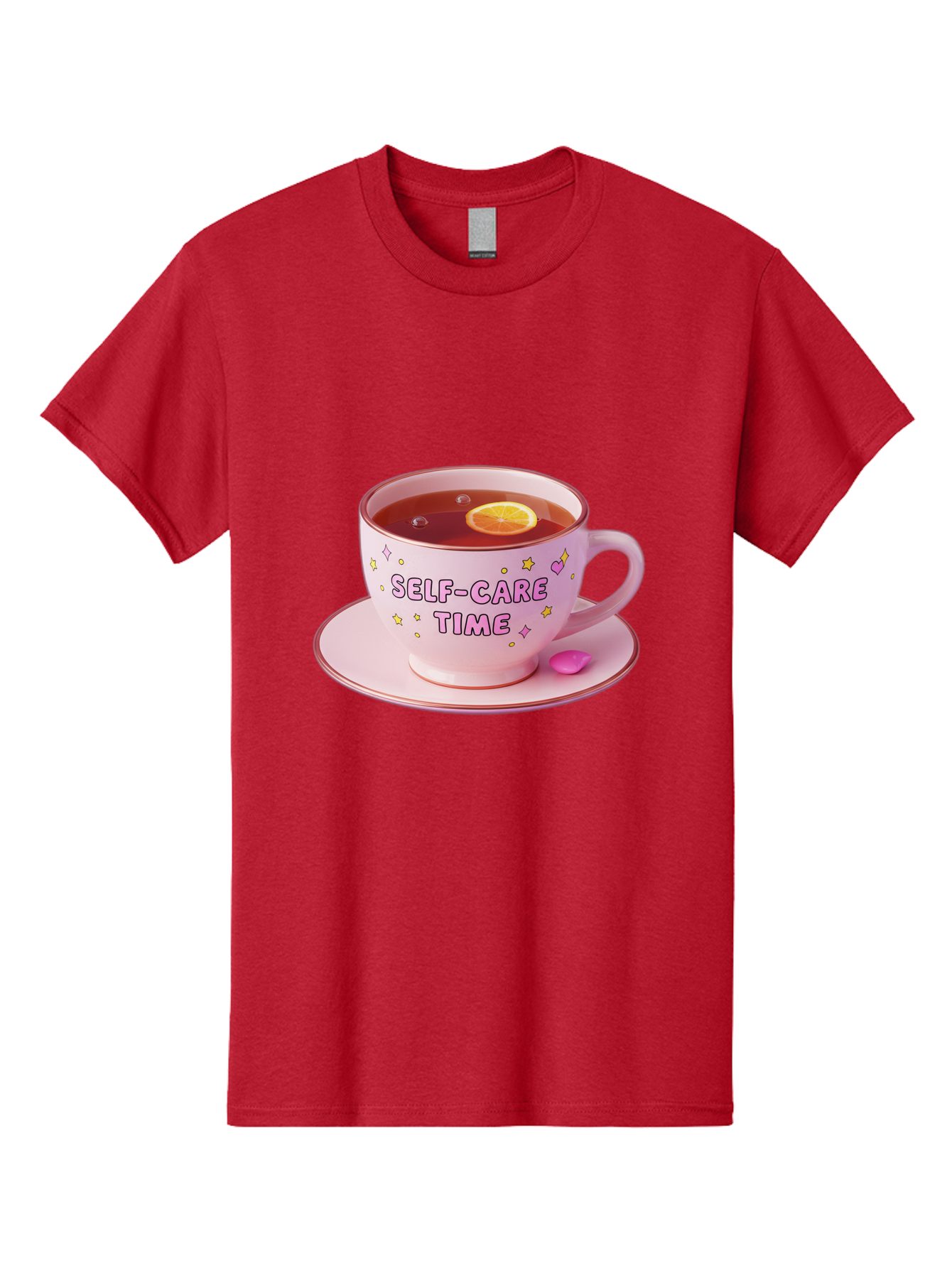Self-Care-Time-2 Men'S Graphic Tee, 100% Cotton, Comfortable Casual Summer Wear, Machine Washable, Self-Care, Tea Time, Wellness, Relaxation, Pink Tea Cup, Lemon Slice, Colorful Stars, Stress Relief, Calming Tea, Mindfulness, Pink Candy Bae083