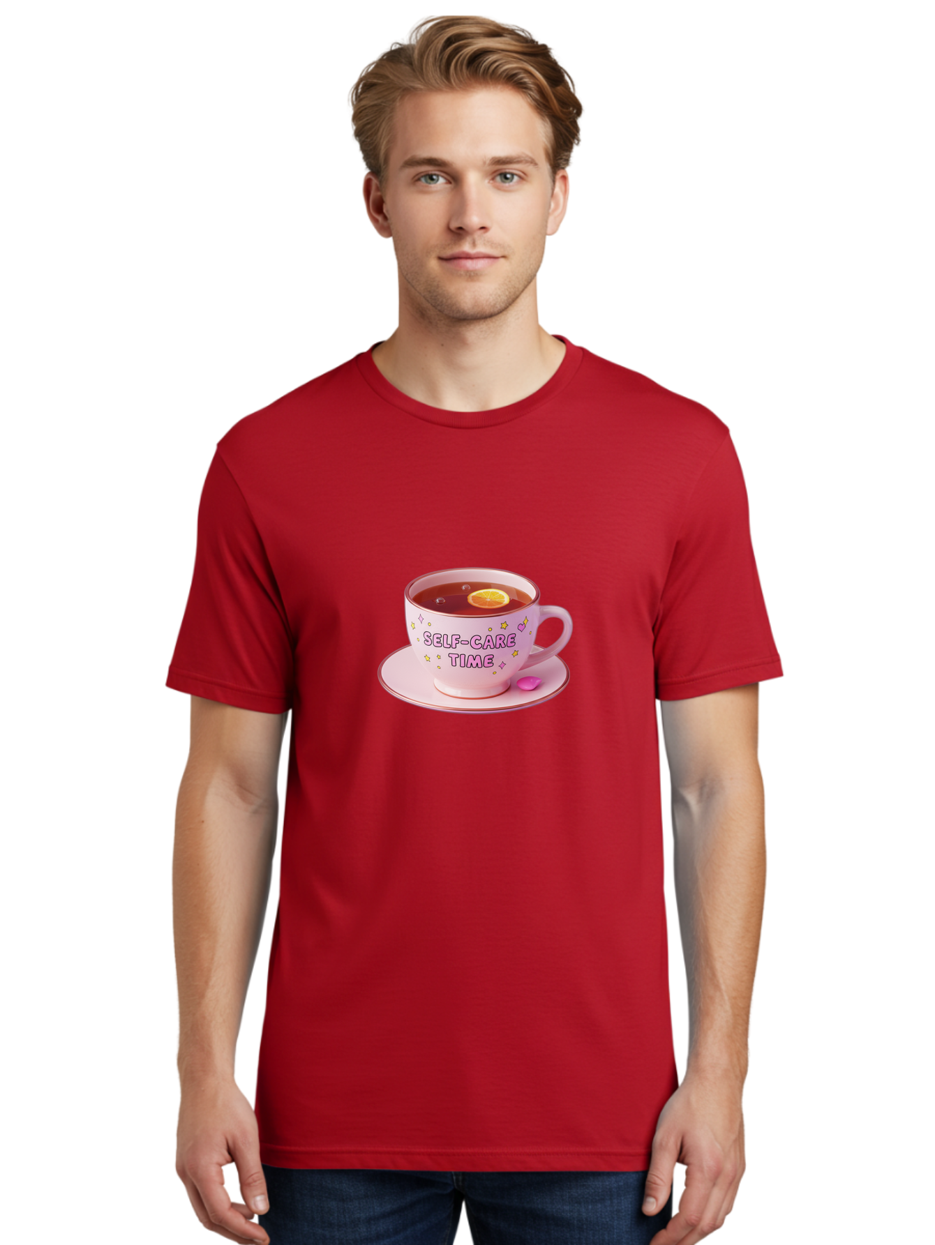 Self-Care-Time-2 Men'S Graphic Tee, 100% Cotton, Comfortable Casual Summer Wear, Machine Washable, Self-Care, Tea Time, Wellness, Relaxation, Pink Tea Cup, Lemon Slice, Colorful Stars, Stress Relief, Calming Tea, Mindfulness, Pink Candy Bae083