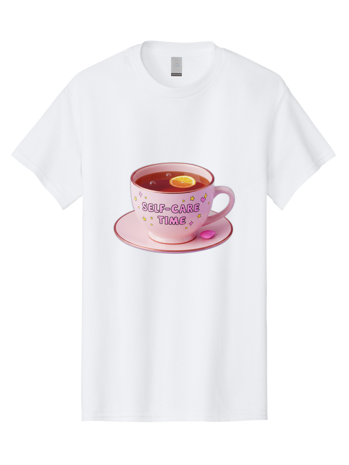 Self-Care-Time-2 Men'S Graphic Tee, 100% Cotton, Comfortable Casual Summer Wear, Machine Washable, Self-Care, Tea Time, Wellness, Relaxation, Pink Tea Cup, Lemon Slice, Colorful Stars, Stress Relief, Calming Tea, Mindfulness, Pink Candy Bae083