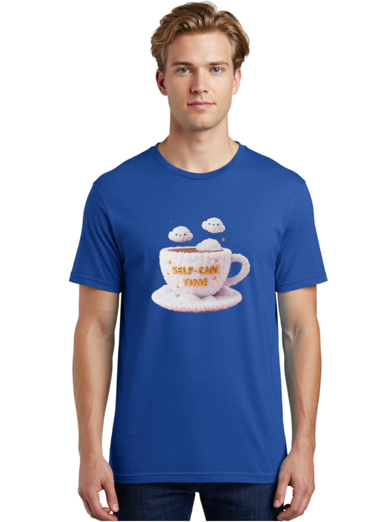 Self-Care-Time-4 Men'S Graphic Tee, 100% Cotton, Comfortable Casual Summer Wear, Machine Washable, Self-Care Time, Hot Coffee, Coffee Cup, Fluffy Clouds, Happy Face, Relaxation, Mindfulness, Calm Atmosphere, Soothing Ambiance, Mental Wellness Bae085