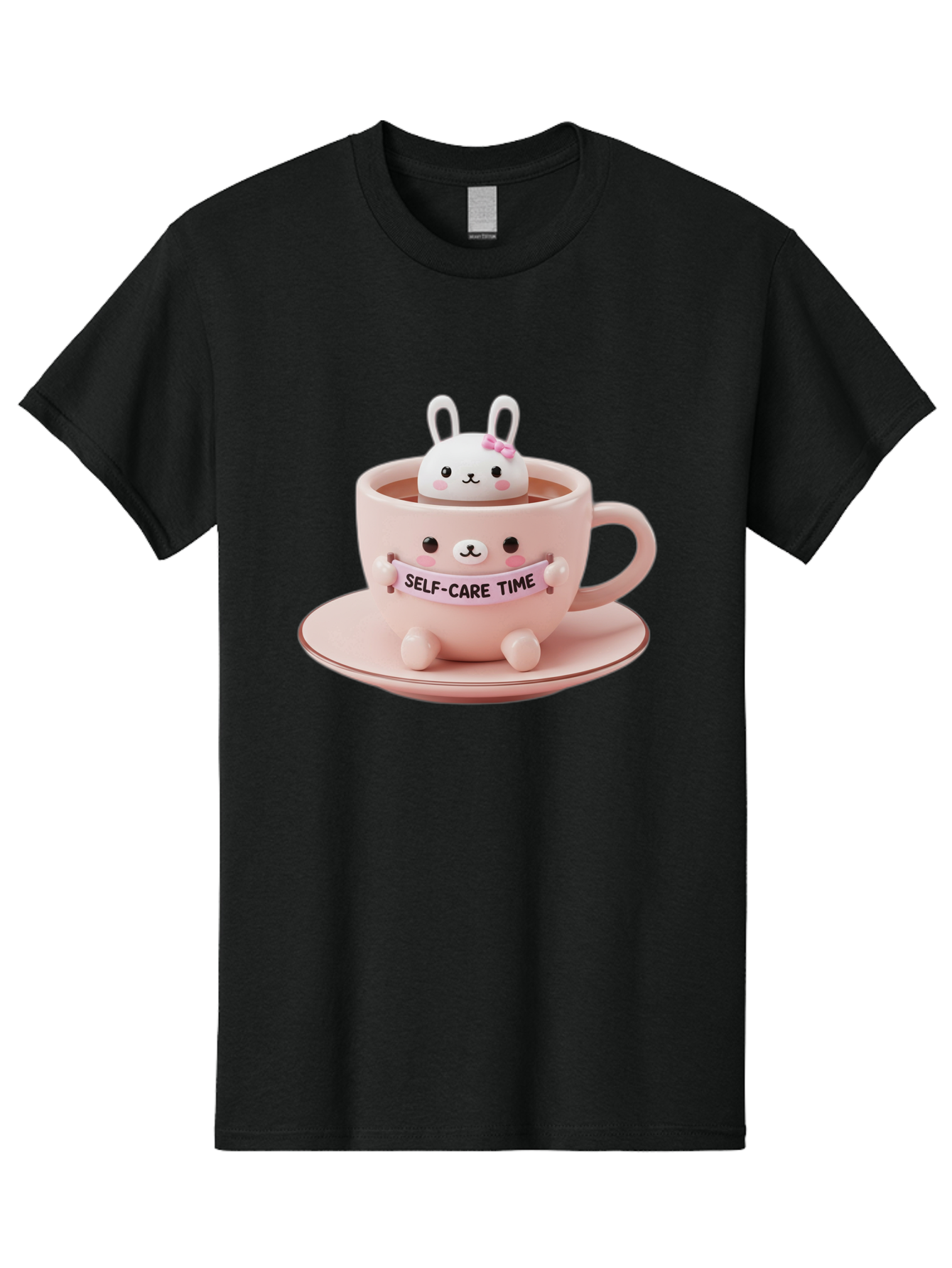 Self-Care-Time Men'S Graphic Tee, 100% Cotton, Comfortable Casual Summer Wear, Machine Washable, Cute Rabbit Figurine, Adorable Design, Self Care, Relaxation, Pastel Colors, Tea Cup, Soothing Atmosphere, Calming Decor, Pink Hues, Bae087