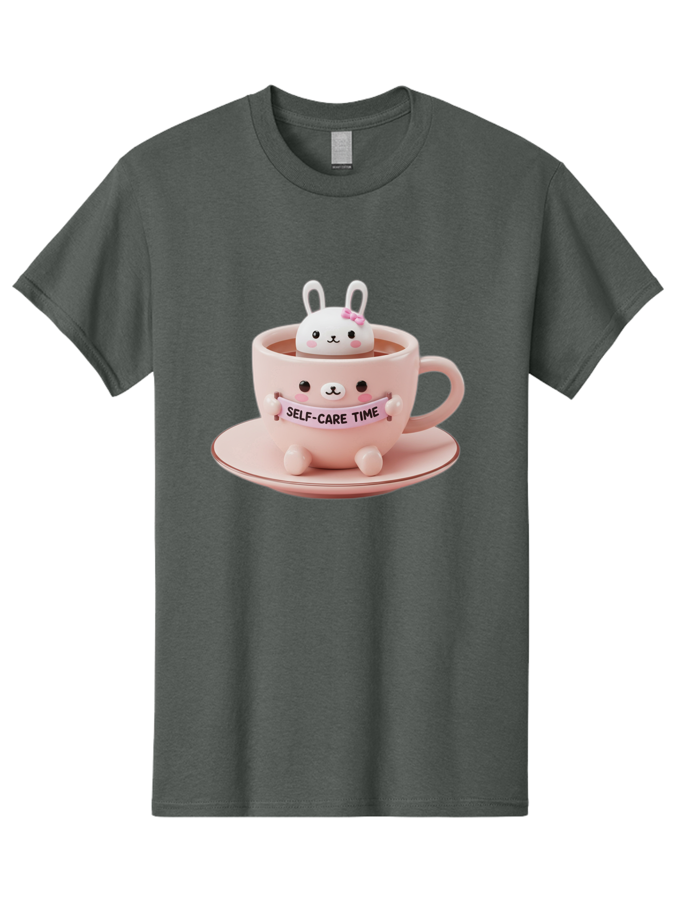 Self-Care-Time Men'S Graphic Tee, 100% Cotton, Comfortable Casual Summer Wear, Machine Washable, Cute Rabbit Figurine, Adorable Design, Self Care, Relaxation, Pastel Colors, Tea Cup, Soothing Atmosphere, Calming Decor, Pink Hues, Bae087