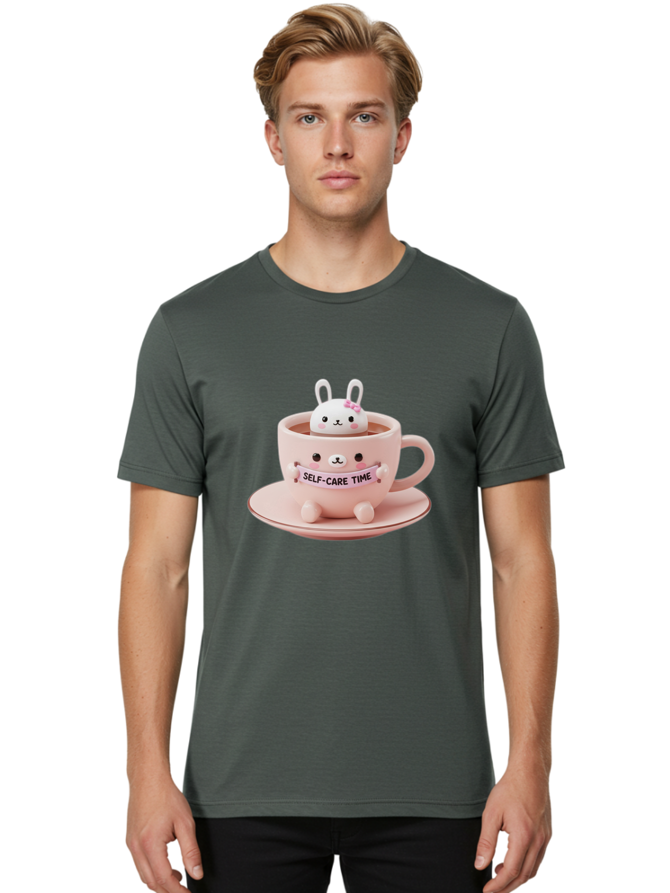 Self-Care-Time Men'S Graphic Tee, 100% Cotton, Comfortable Casual Summer Wear, Machine Washable, Cute Rabbit Figurine, Adorable Design, Self Care, Relaxation, Pastel Colors, Tea Cup, Soothing Atmosphere, Calming Decor, Pink Hues, Bae087