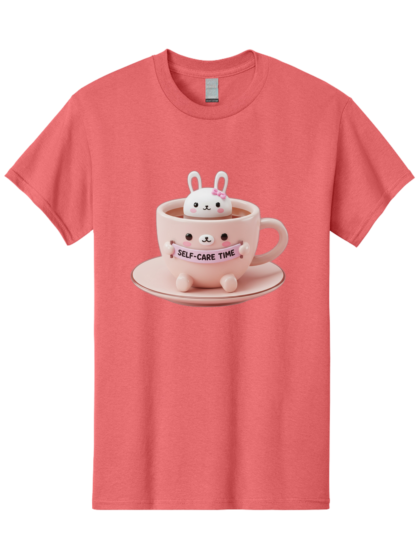 Self-Care-Time Men'S Graphic Tee, 100% Cotton, Comfortable Casual Summer Wear, Machine Washable, Cute Rabbit Figurine, Adorable Design, Self Care, Relaxation, Pastel Colors, Tea Cup, Soothing Atmosphere, Calming Decor, Pink Hues, Bae087