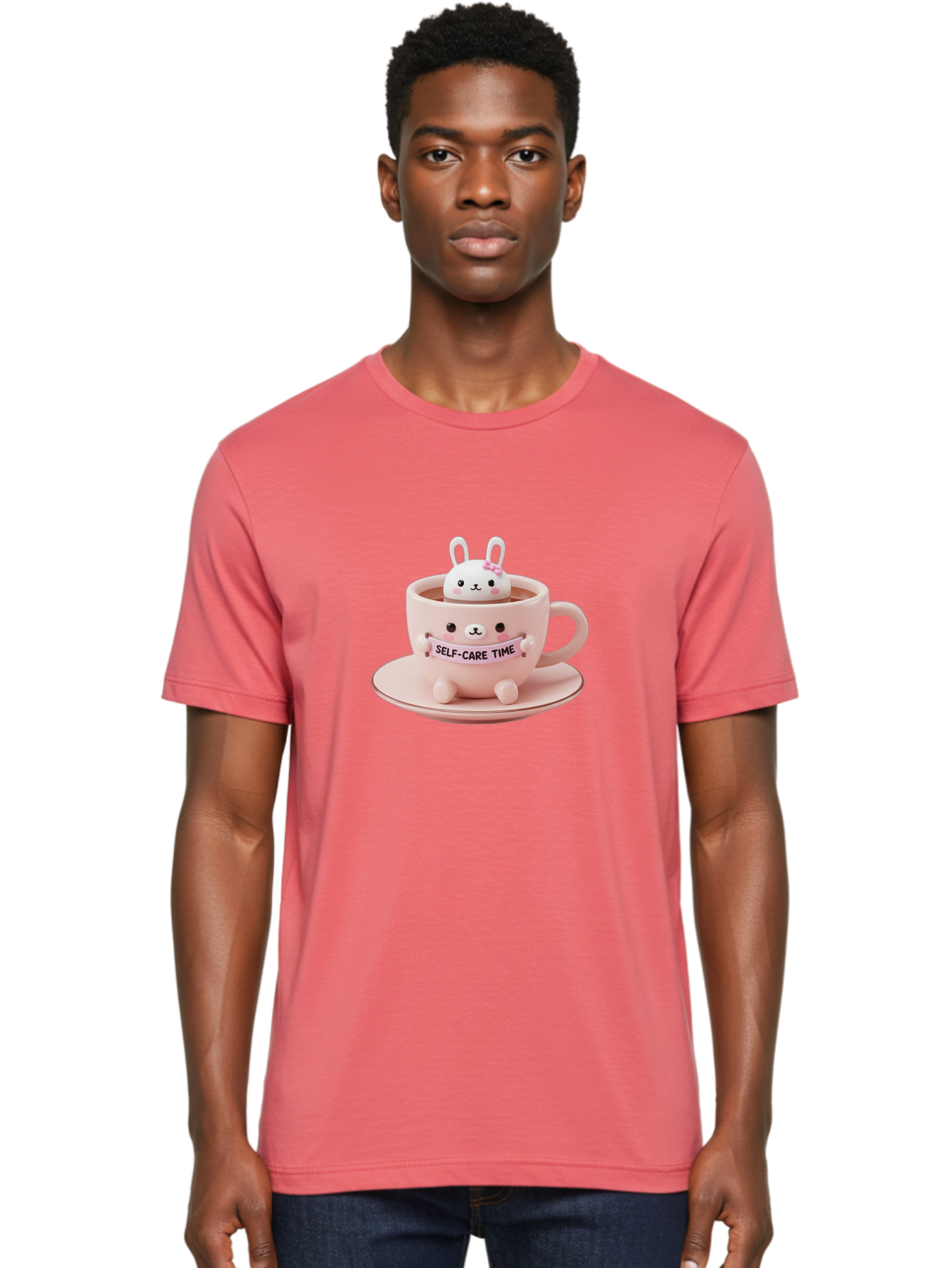Self-Care-Time Men'S Graphic Tee, 100% Cotton, Comfortable Casual Summer Wear, Machine Washable, Cute Rabbit Figurine, Adorable Design, Self Care, Relaxation, Pastel Colors, Tea Cup, Soothing Atmosphere, Calming Decor, Pink Hues, Bae087