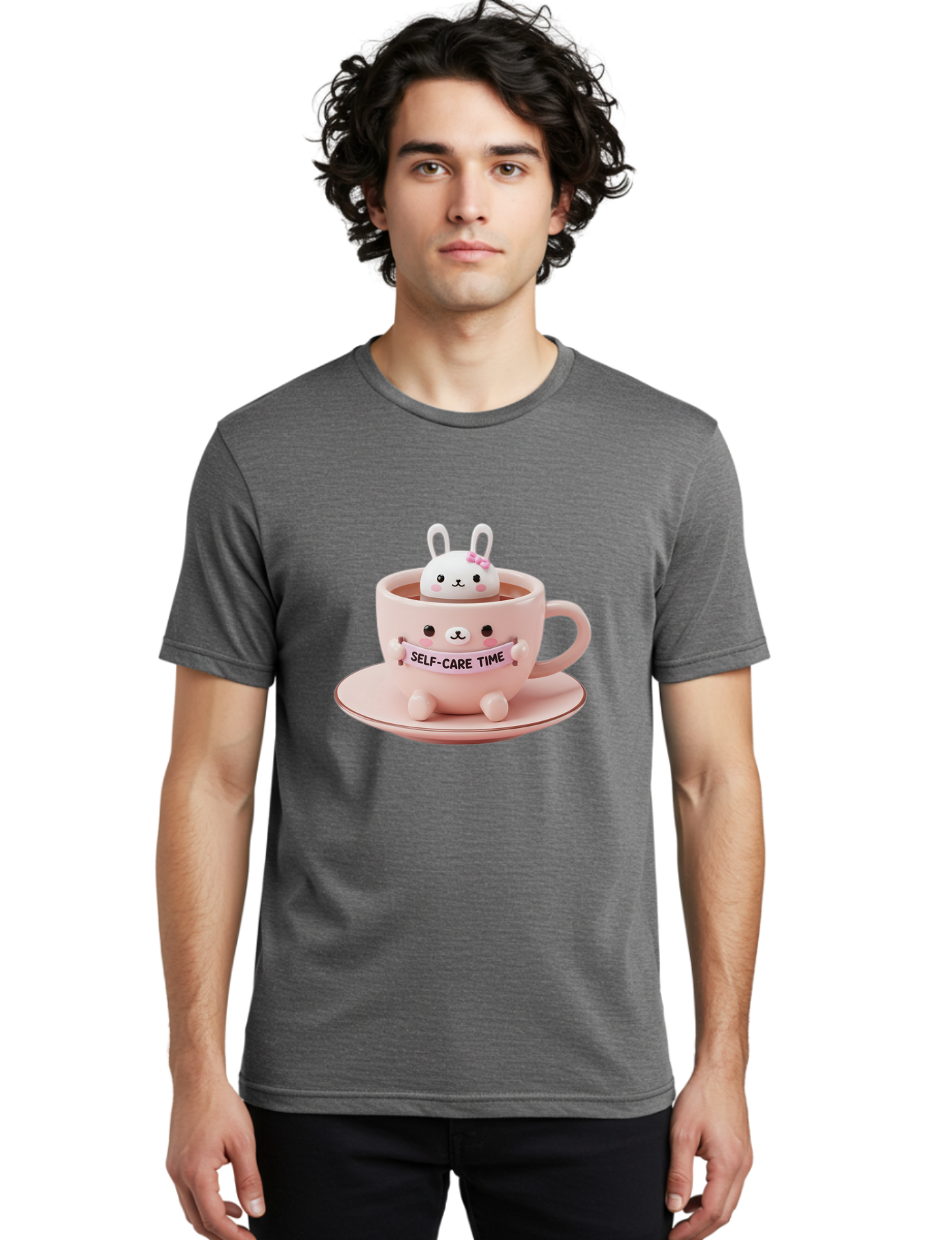 Self-Care-Time Men'S Graphic Tee, 100% Cotton, Comfortable Casual Summer Wear, Machine Washable, Cute Rabbit Figurine, Adorable Design, Self Care, Relaxation, Pastel Colors, Tea Cup, Soothing Atmosphere, Calming Decor, Pink Hues, Bae087