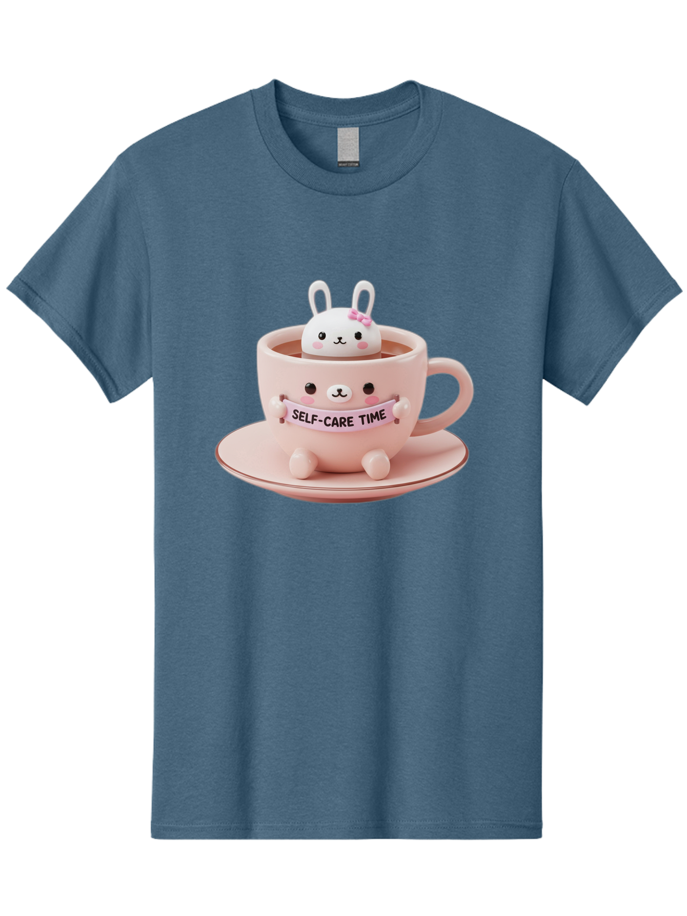 Self-Care-Time Men'S Graphic Tee, 100% Cotton, Comfortable Casual Summer Wear, Machine Washable, Cute Rabbit Figurine, Adorable Design, Self Care, Relaxation, Pastel Colors, Tea Cup, Soothing Atmosphere, Calming Decor, Pink Hues, Bae087