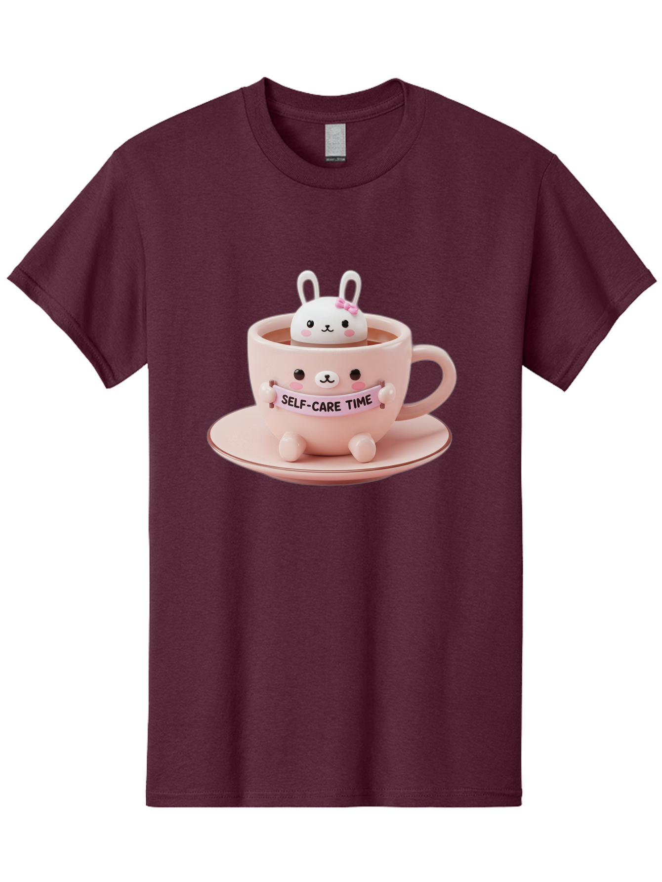Self-Care-Time Men'S Graphic Tee, 100% Cotton, Comfortable Casual Summer Wear, Machine Washable, Cute Rabbit Figurine, Adorable Design, Self Care, Relaxation, Pastel Colors, Tea Cup, Soothing Atmosphere, Calming Decor, Pink Hues, Bae087