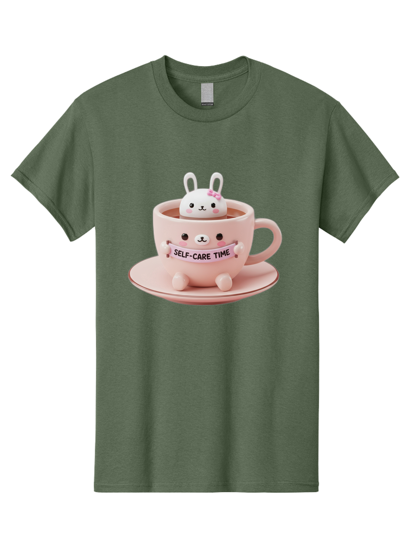 Self-Care-Time Men'S Graphic Tee, 100% Cotton, Comfortable Casual Summer Wear, Machine Washable, Cute Rabbit Figurine, Adorable Design, Self Care, Relaxation, Pastel Colors, Tea Cup, Soothing Atmosphere, Calming Decor, Pink Hues, Bae087