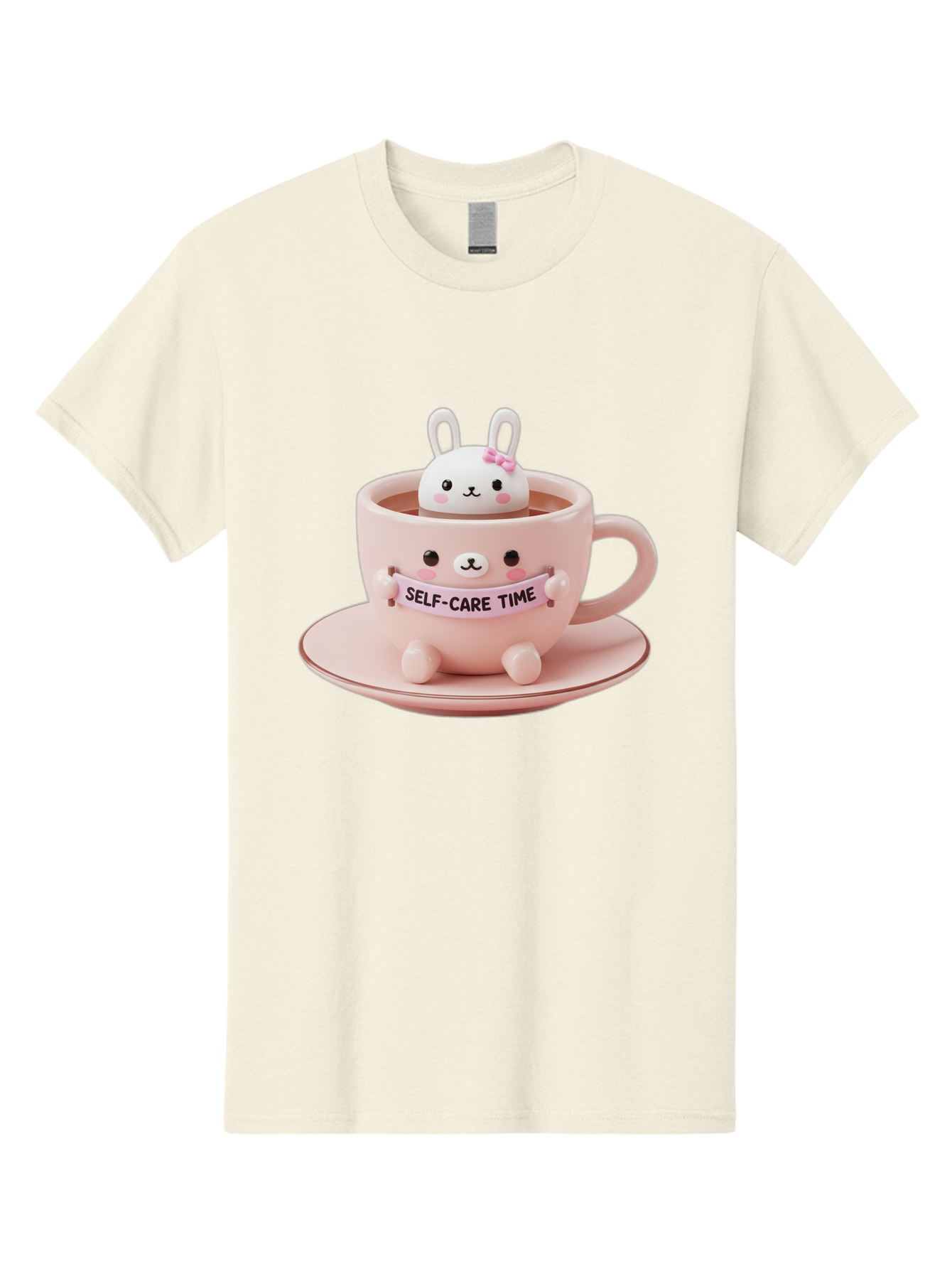Self-Care-Time Men'S Graphic Tee, 100% Cotton, Comfortable Casual Summer Wear, Machine Washable, Cute Rabbit Figurine, Adorable Design, Self Care, Relaxation, Pastel Colors, Tea Cup, Soothing Atmosphere, Calming Decor, Pink Hues, Bae087
