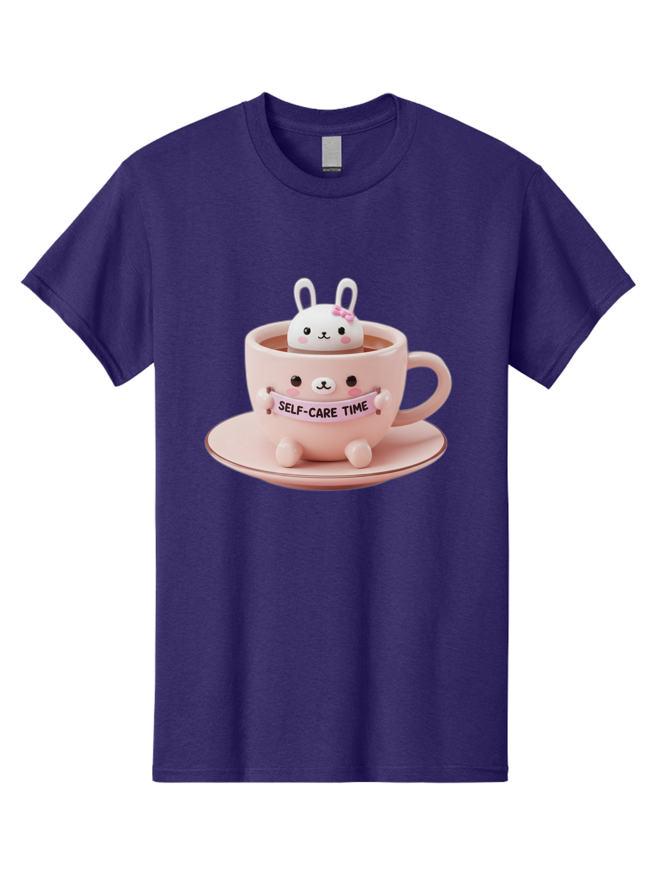 Self-Care-Time Men'S Graphic Tee, 100% Cotton, Comfortable Casual Summer Wear, Machine Washable, Cute Rabbit Figurine, Adorable Design, Self Care, Relaxation, Pastel Colors, Tea Cup, Soothing Atmosphere, Calming Decor, Pink Hues, Bae087