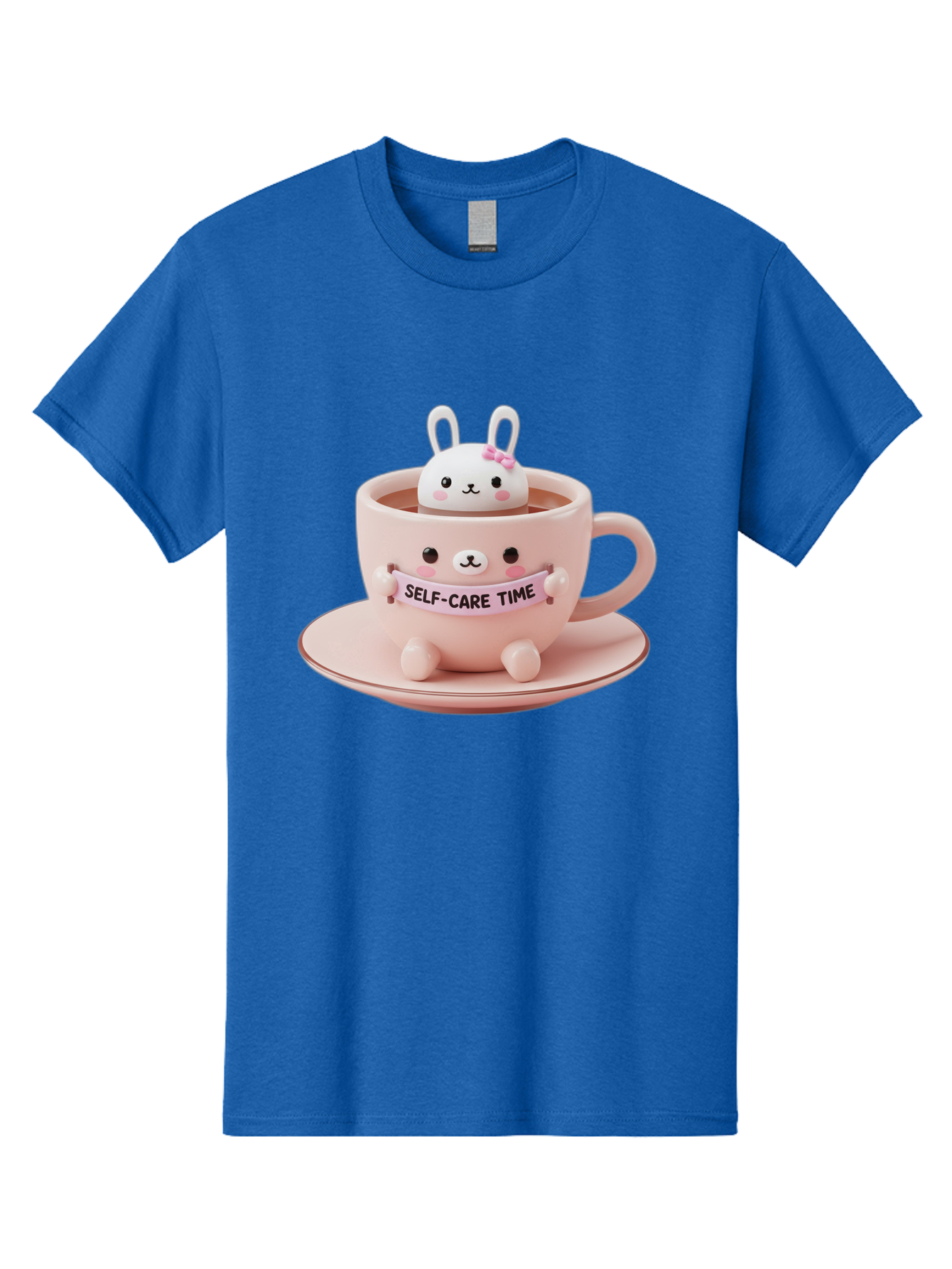 Self-Care-Time Men'S Graphic Tee, 100% Cotton, Comfortable Casual Summer Wear, Machine Washable, Cute Rabbit Figurine, Adorable Design, Self Care, Relaxation, Pastel Colors, Tea Cup, Soothing Atmosphere, Calming Decor, Pink Hues, Bae087