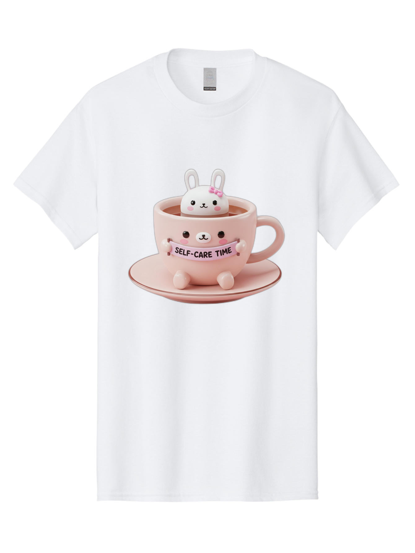 Self-Care-Time Men'S Graphic Tee, 100% Cotton, Comfortable Casual Summer Wear, Machine Washable, Cute Rabbit Figurine, Adorable Design, Self Care, Relaxation, Pastel Colors, Tea Cup, Soothing Atmosphere, Calming Decor, Pink Hues, Bae087