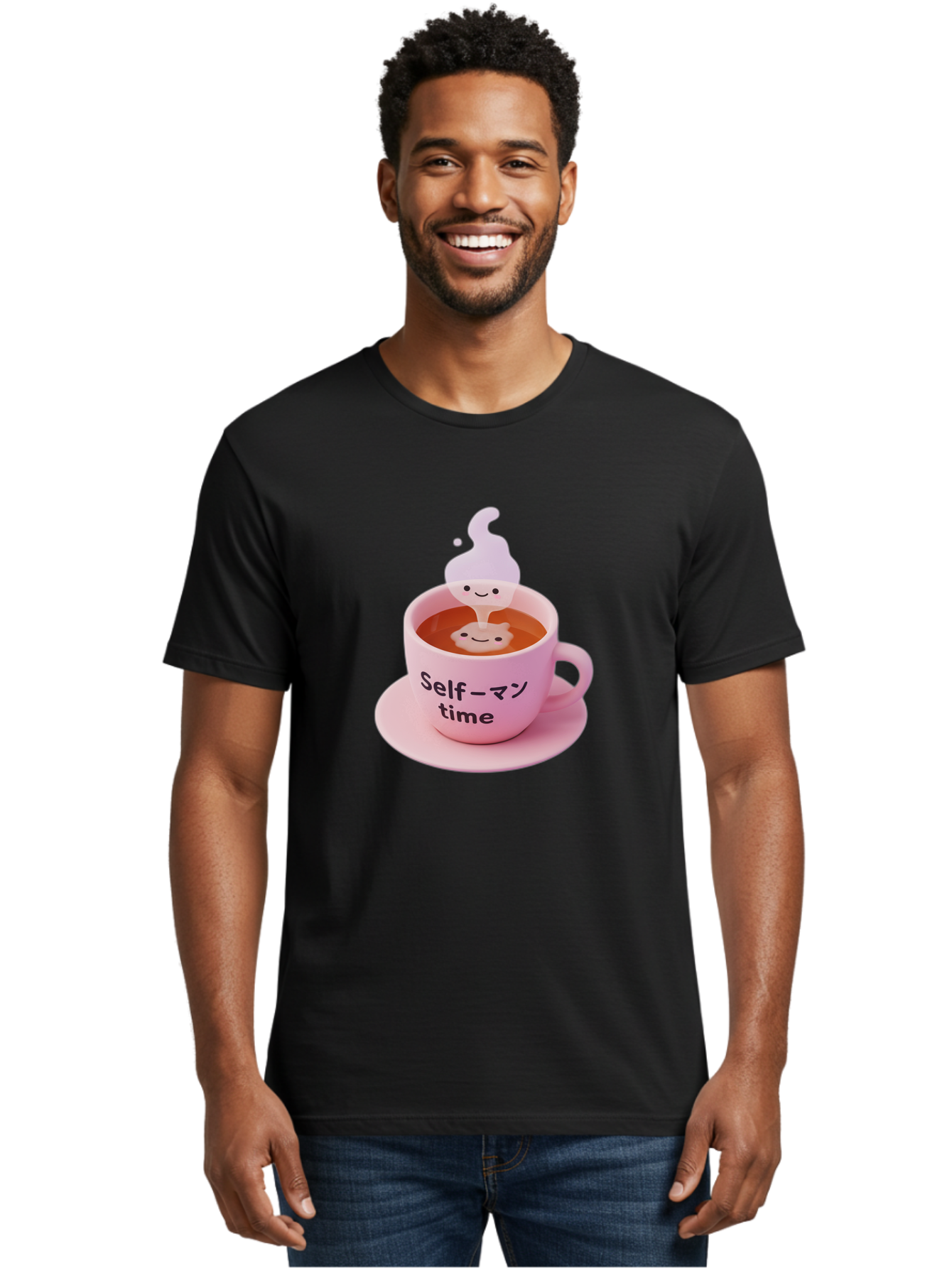 Self-Time Men'S Graphic Tee, 100% Cotton, Comfortable Casual Summer Wear, Machine Washable, Pink Tea Cup, Saucer, Self Care, Relaxation, Mental Wellness, Mindfulness, Cute Figurine, Kawaii, Smiling Face, Tea Time, Serene Atmosphere, Bae088