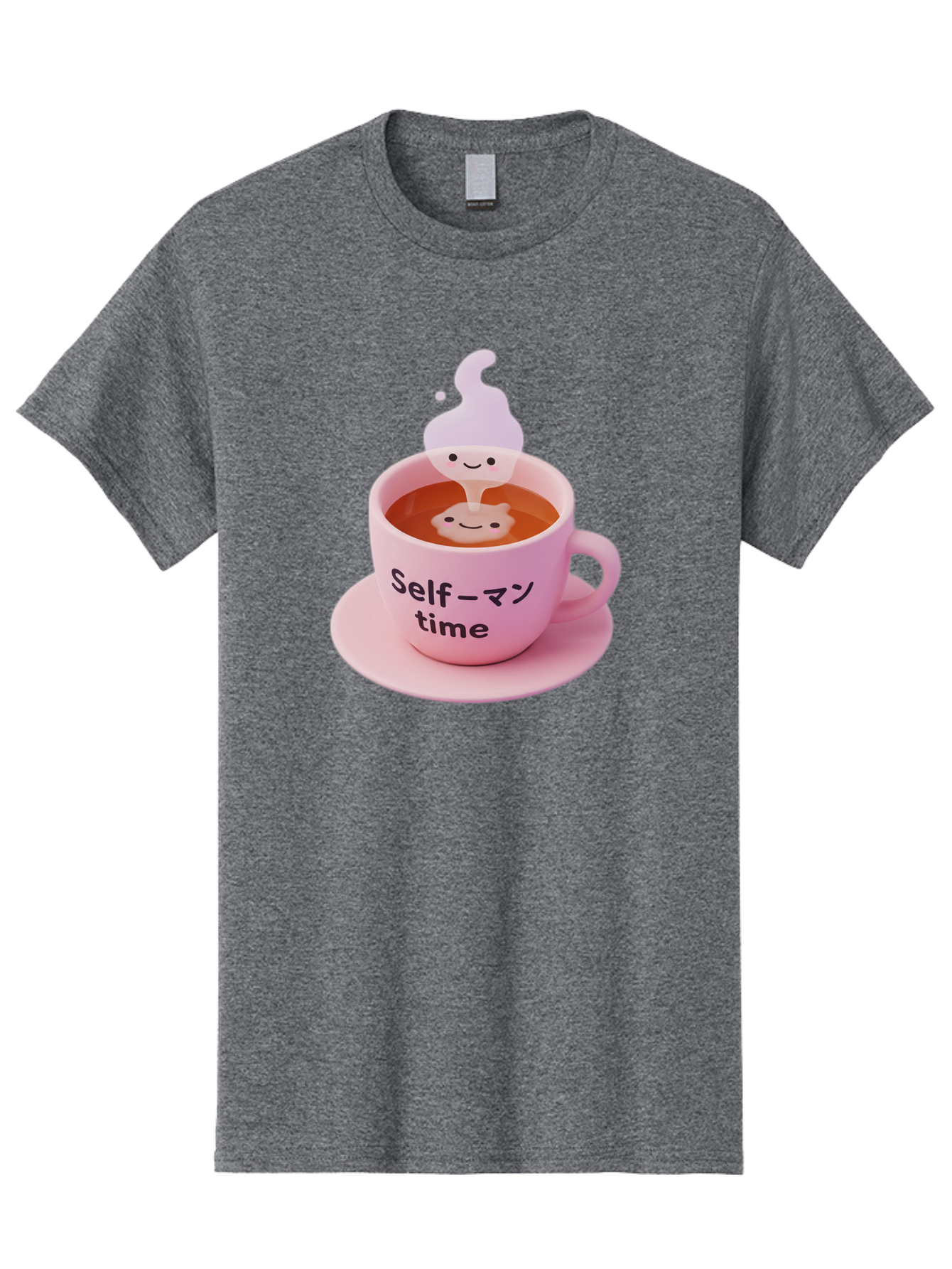 Self-Time Men'S Graphic Tee, 100% Cotton, Comfortable Casual Summer Wear, Machine Washable, Pink Tea Cup, Saucer, Self Care, Relaxation, Mental Wellness, Mindfulness, Cute Figurine, Kawaii, Smiling Face, Tea Time, Serene Atmosphere, Bae088