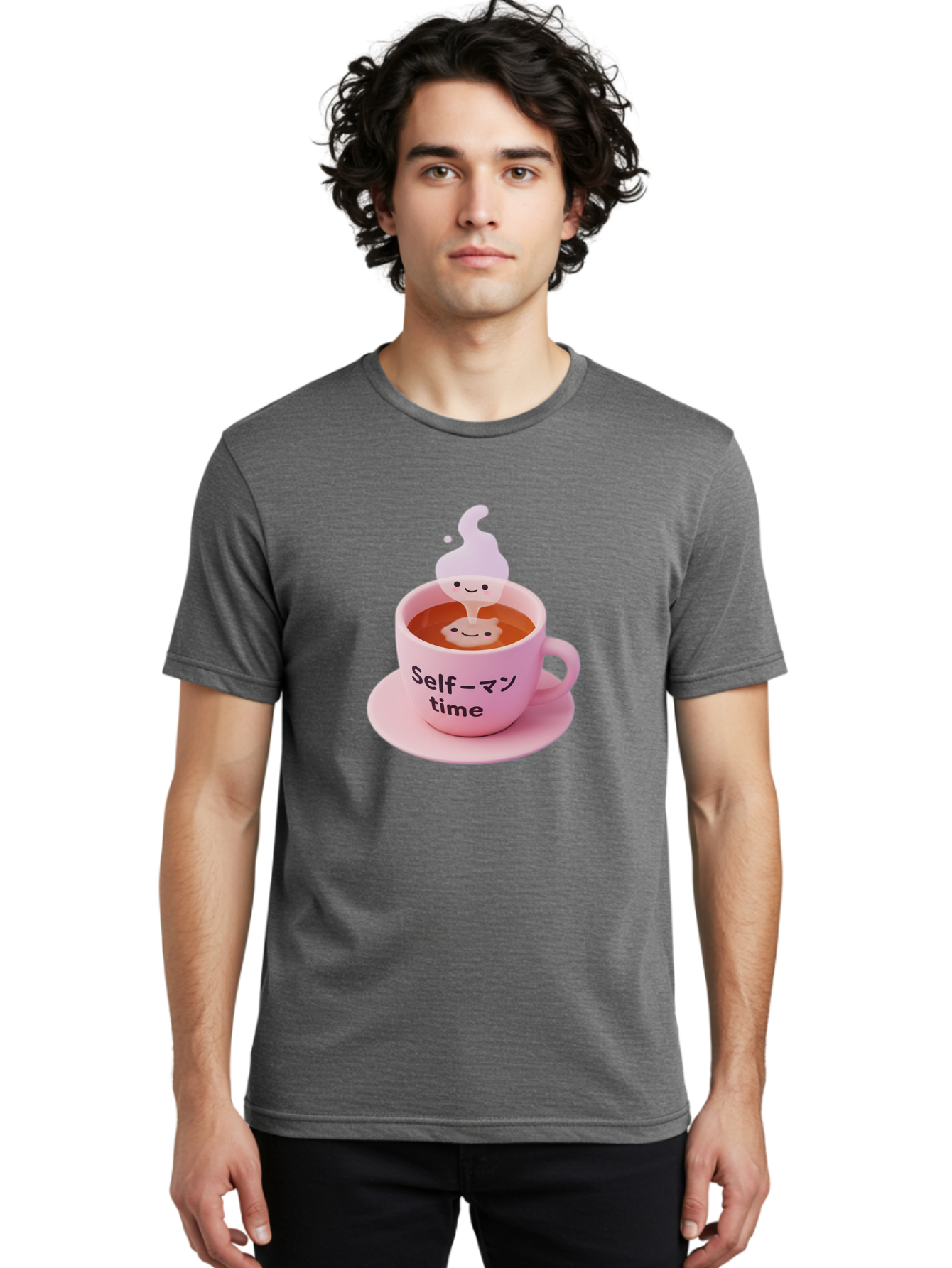 Self-Time Men'S Graphic Tee, 100% Cotton, Comfortable Casual Summer Wear, Machine Washable, Pink Tea Cup, Saucer, Self Care, Relaxation, Mental Wellness, Mindfulness, Cute Figurine, Kawaii, Smiling Face, Tea Time, Serene Atmosphere, Bae088