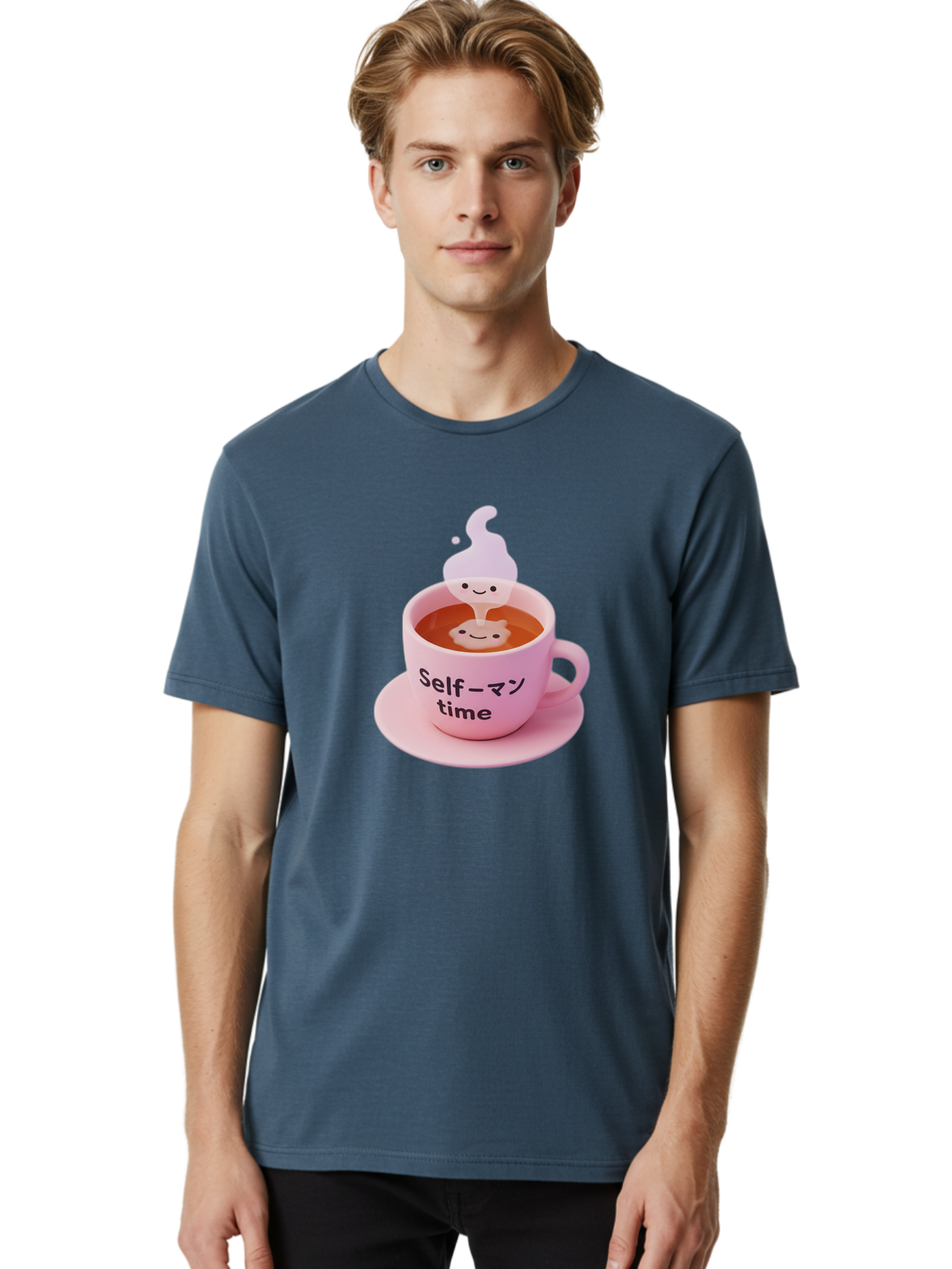 Self-Time Men'S Graphic Tee, 100% Cotton, Comfortable Casual Summer Wear, Machine Washable, Pink Tea Cup, Saucer, Self Care, Relaxation, Mental Wellness, Mindfulness, Cute Figurine, Kawaii, Smiling Face, Tea Time, Serene Atmosphere, Bae088