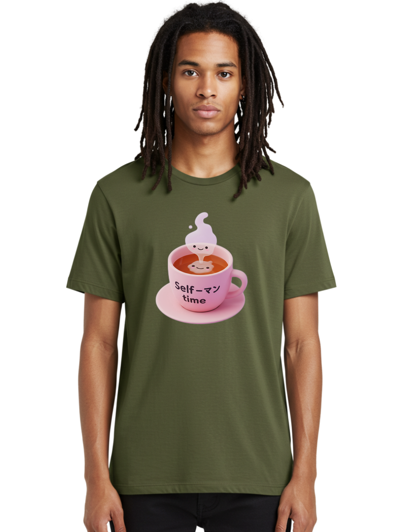 Self-Time Men'S Graphic Tee, 100% Cotton, Comfortable Casual Summer Wear, Machine Washable, Pink Tea Cup, Saucer, Self Care, Relaxation, Mental Wellness, Mindfulness, Cute Figurine, Kawaii, Smiling Face, Tea Time, Serene Atmosphere, Bae088