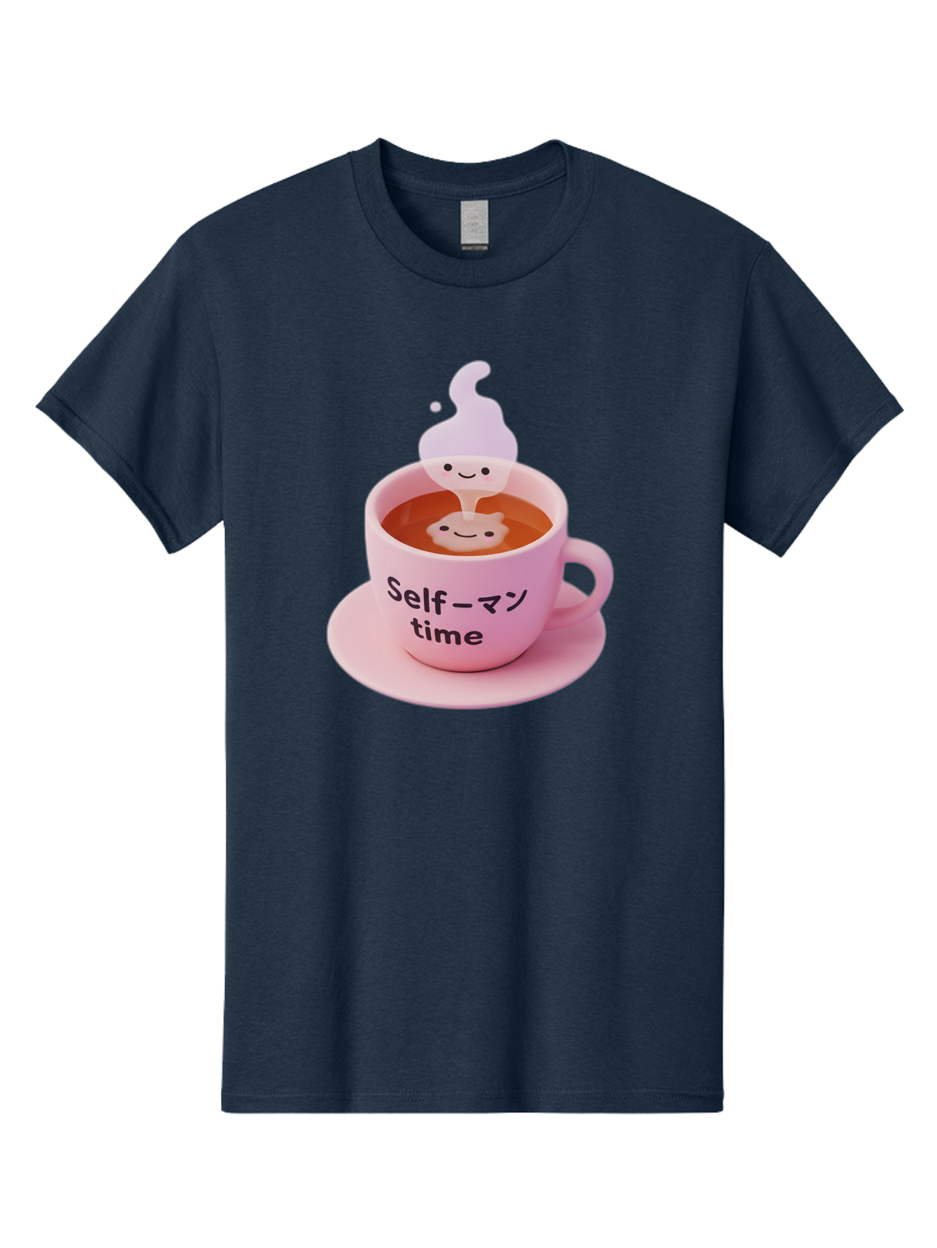 Self-Time Men'S Graphic Tee, 100% Cotton, Comfortable Casual Summer Wear, Machine Washable, Pink Tea Cup, Saucer, Self Care, Relaxation, Mental Wellness, Mindfulness, Cute Figurine, Kawaii, Smiling Face, Tea Time, Serene Atmosphere, Bae088