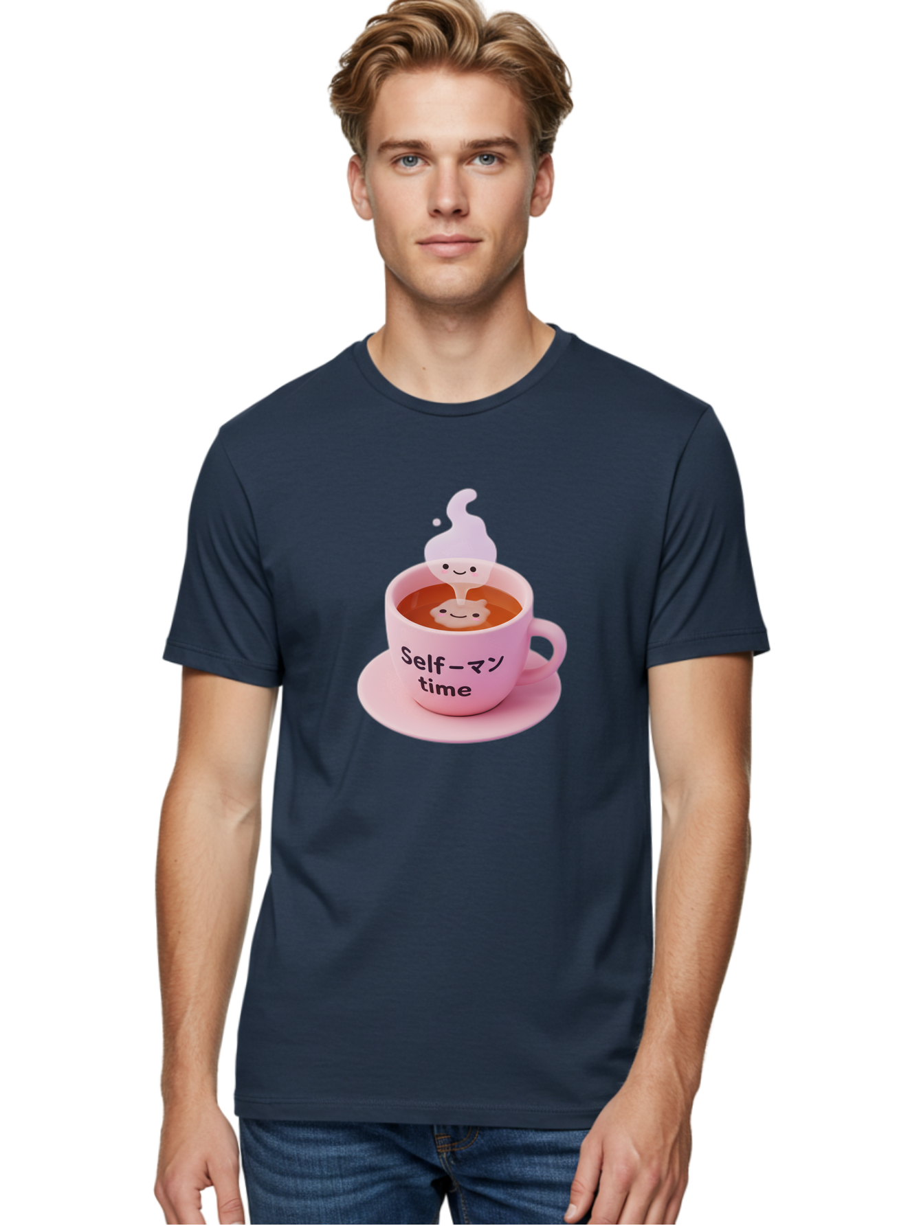 Self-Time Men'S Graphic Tee, 100% Cotton, Comfortable Casual Summer Wear, Machine Washable, Pink Tea Cup, Saucer, Self Care, Relaxation, Mental Wellness, Mindfulness, Cute Figurine, Kawaii, Smiling Face, Tea Time, Serene Atmosphere, Bae088
