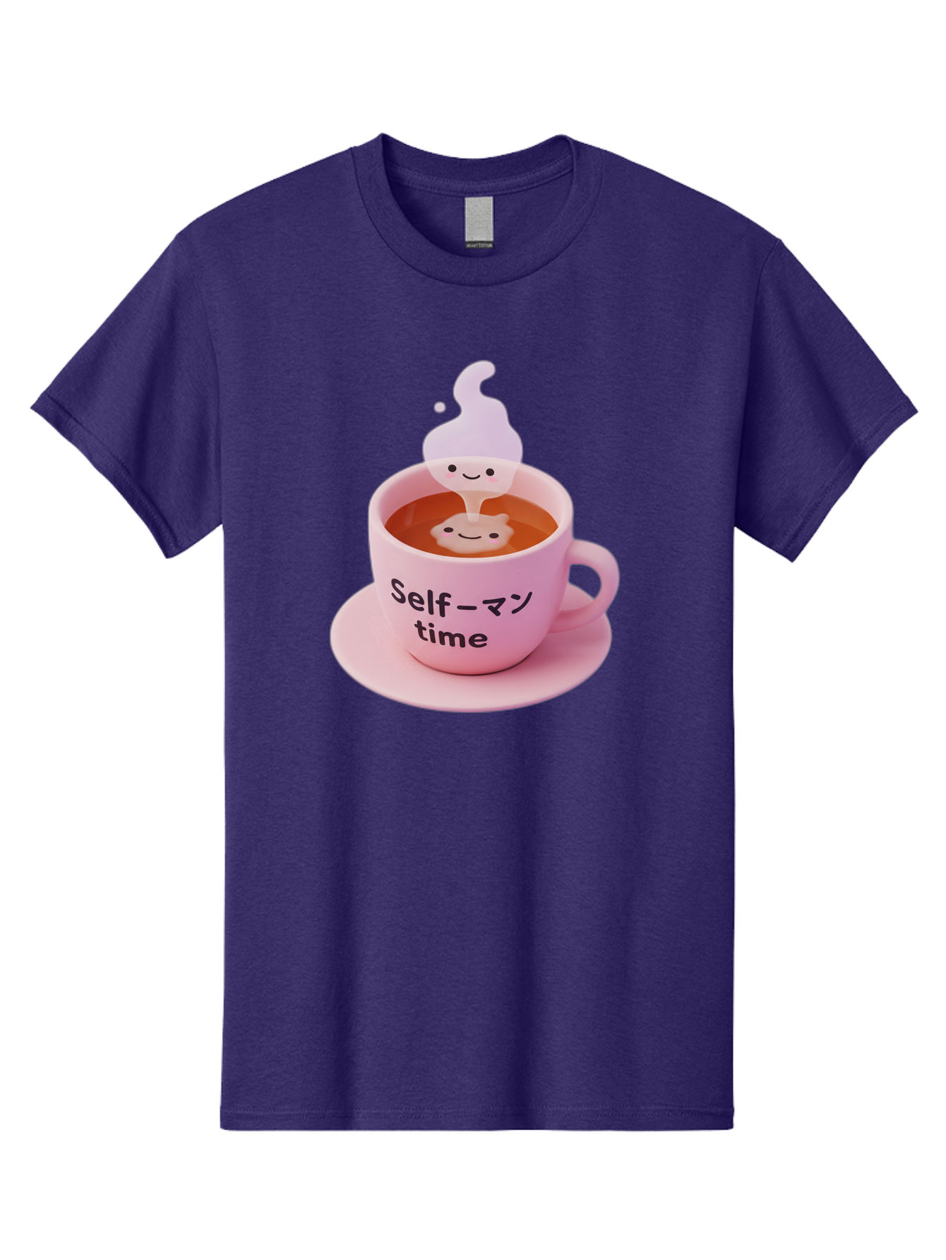 Self-Time Men'S Graphic Tee, 100% Cotton, Comfortable Casual Summer Wear, Machine Washable, Pink Tea Cup, Saucer, Self Care, Relaxation, Mental Wellness, Mindfulness, Cute Figurine, Kawaii, Smiling Face, Tea Time, Serene Atmosphere, Bae088