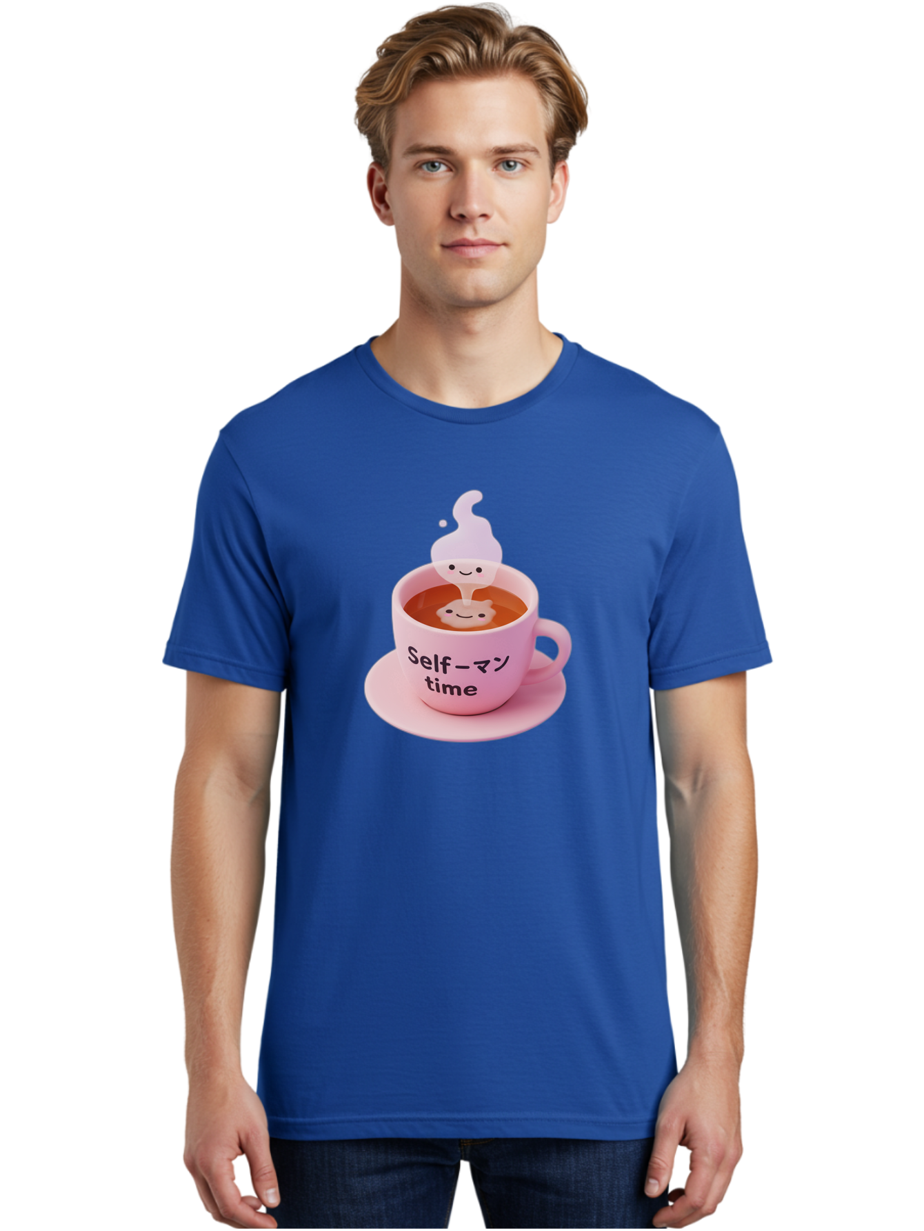 Self-Time Men'S Graphic Tee, 100% Cotton, Comfortable Casual Summer Wear, Machine Washable, Pink Tea Cup, Saucer, Self Care, Relaxation, Mental Wellness, Mindfulness, Cute Figurine, Kawaii, Smiling Face, Tea Time, Serene Atmosphere, Bae088