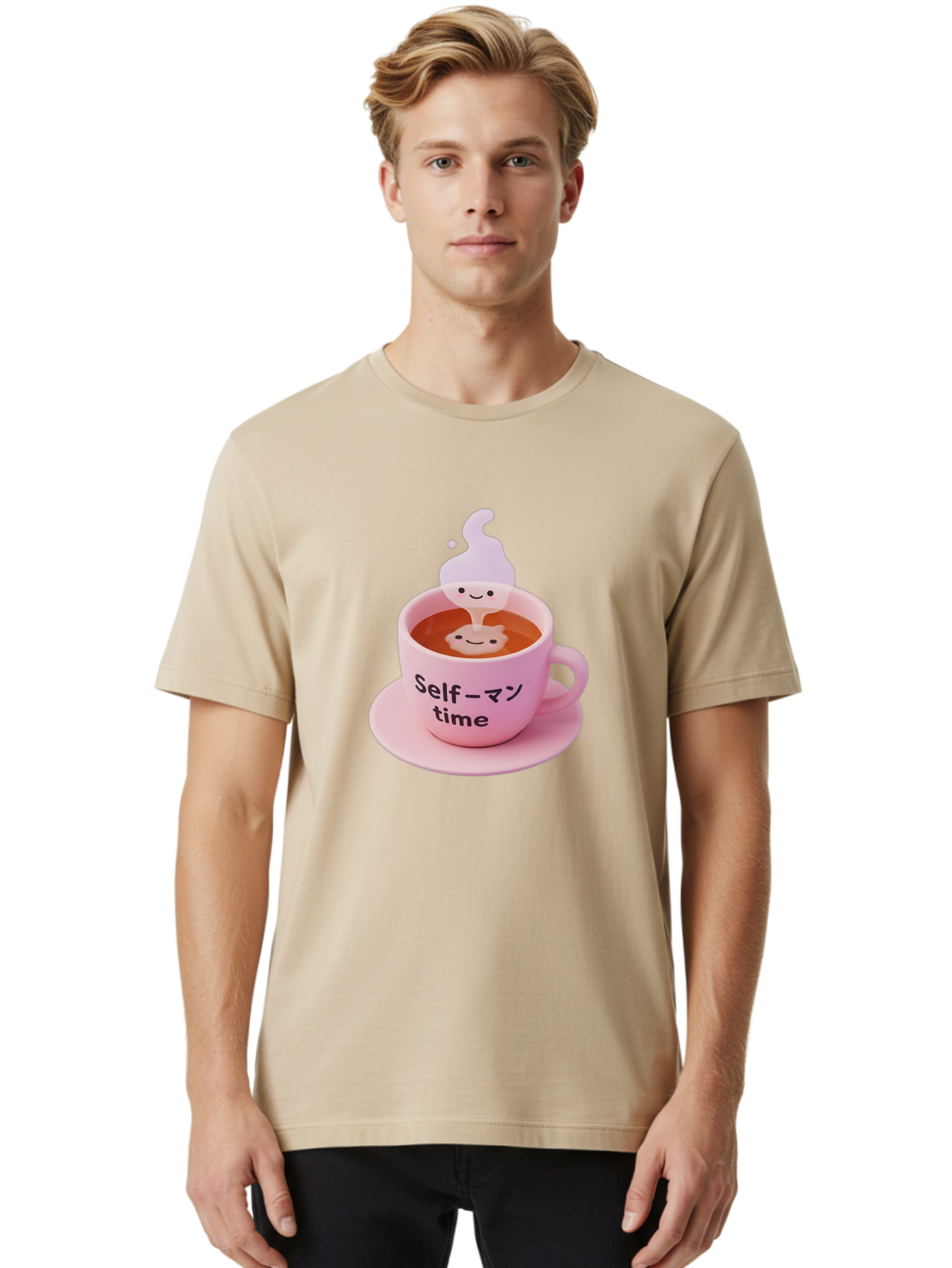 Self-Time Men'S Graphic Tee, 100% Cotton, Comfortable Casual Summer Wear, Machine Washable, Pink Tea Cup, Saucer, Self Care, Relaxation, Mental Wellness, Mindfulness, Cute Figurine, Kawaii, Smiling Face, Tea Time, Serene Atmosphere, Bae088