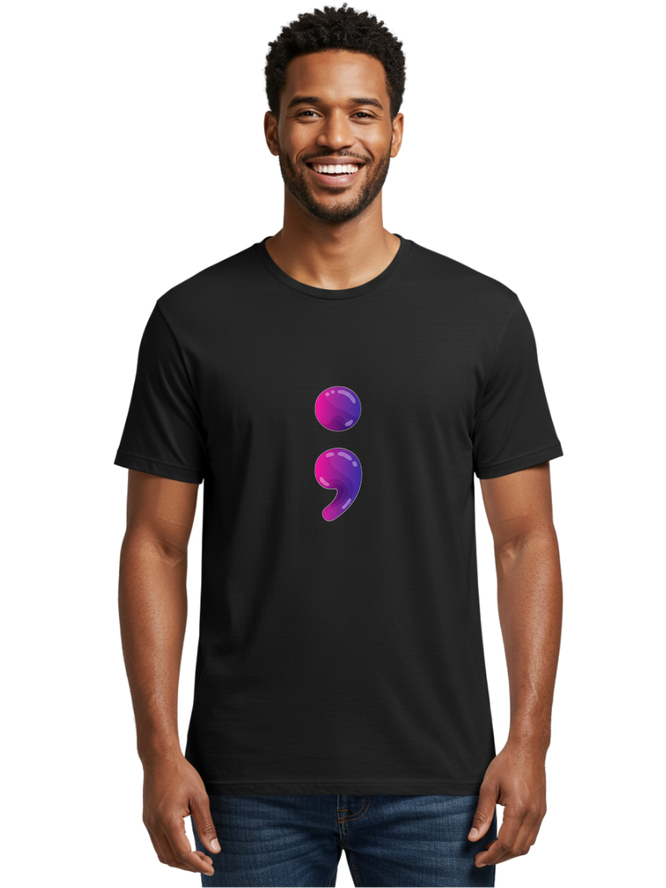 Semicolon-2 Men'S Graphic Tee, 100% Cotton, Comfortable Casual Summer Wear, Machine Washable, Colon And Semicolon Symbol, Punctuation Marks, Shiny Effect, Purple Gradient, Digital Illustration, Creative Typography, Syntax Elements Bae090