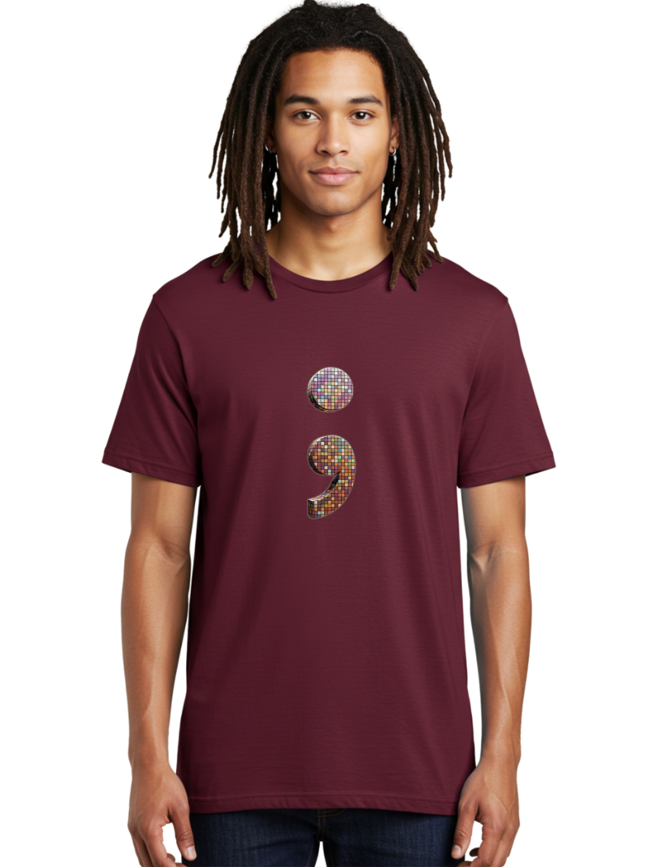 Semicolon-9 Men'S Graphic Tee, 100% Cotton, Comfortable Casual Summer Wear, Machine Washable, Multicolored Mosaic Punctuation Mark, Mirrored Design, Comma, Number 9, Vibrant Colors, Colorful Tiles, Symmetrical Composition, Bae094