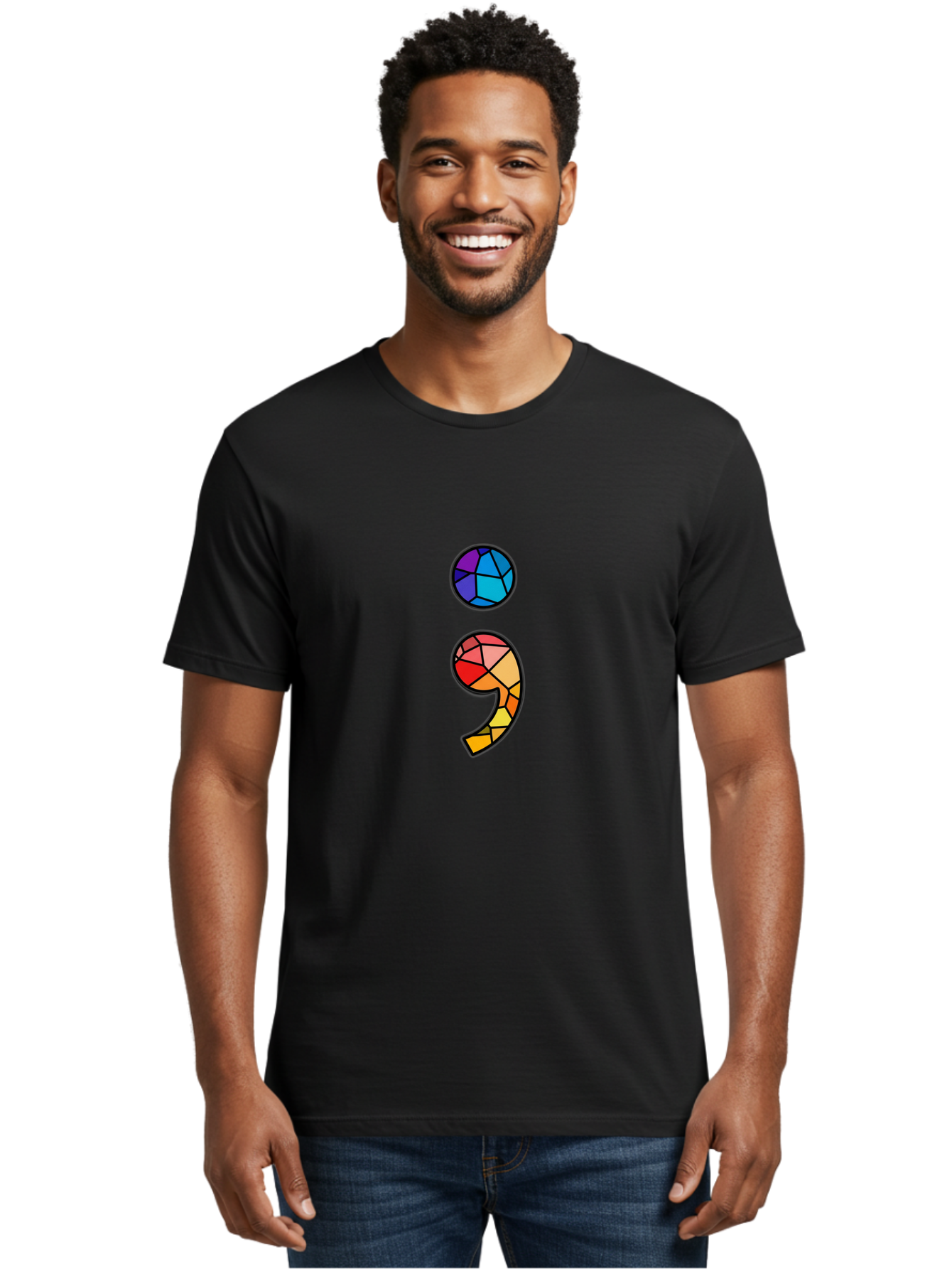 Semicolon-Project-Logo Men'S Graphic Tee, 100% Cotton, Comfortable Casual Summer Wear, Machine Washable, Colorful Mosaic, Stained Glass Effect, Comma Punctuation Mark, Vibrant Colors, Abstract Design, Creative Typography, Mosaic Art Bae096
