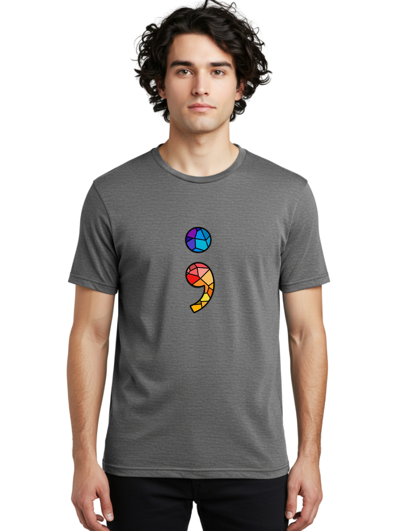 Semicolon-Project-Logo Men'S Graphic Tee, 100% Cotton, Comfortable Casual Summer Wear, Machine Washable, Colorful Mosaic, Stained Glass Effect, Comma Punctuation Mark, Vibrant Colors, Abstract Design, Creative Typography, Mosaic Art Bae096