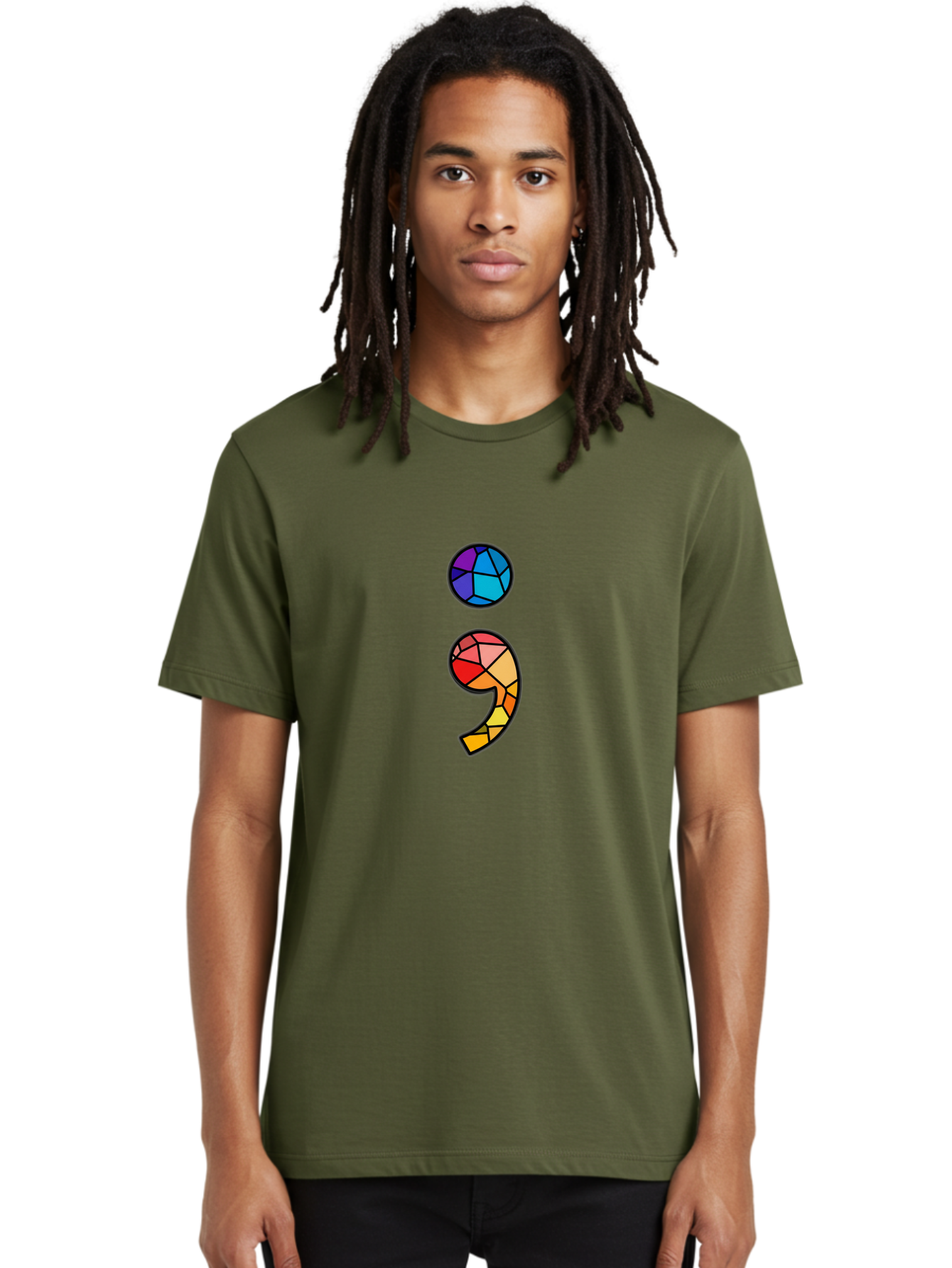 Semicolon-Project-Logo Men'S Graphic Tee, 100% Cotton, Comfortable Casual Summer Wear, Machine Washable, Colorful Mosaic, Stained Glass Effect, Comma Punctuation Mark, Vibrant Colors, Abstract Design, Creative Typography, Mosaic Art Bae096